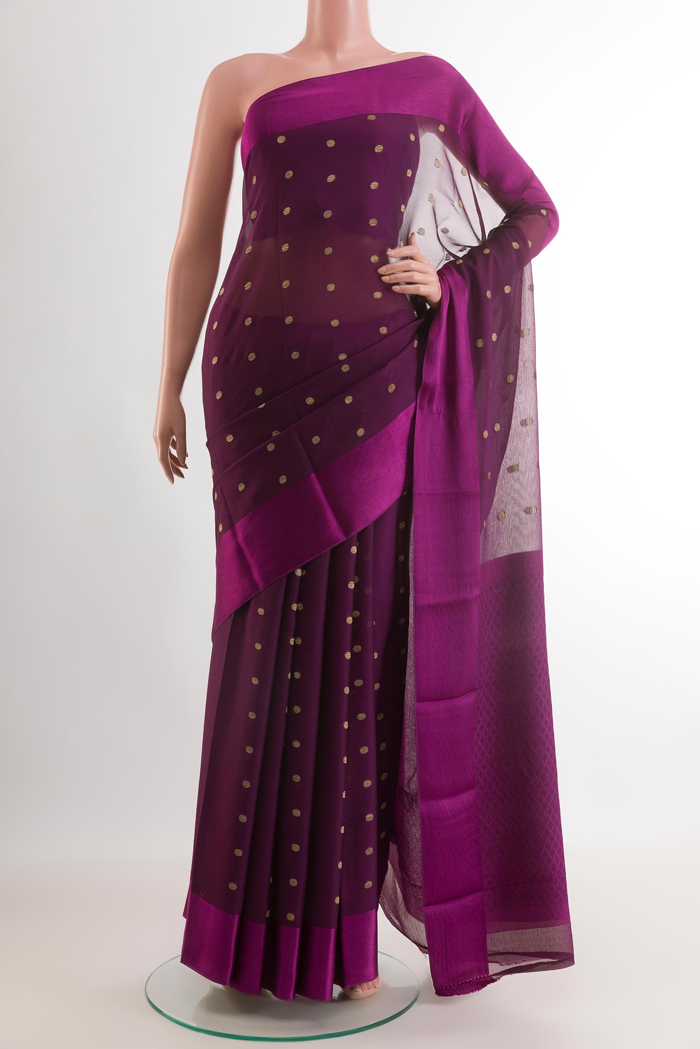 Purple Mysore Chiffon Saree with Plain Body and Zari Border.  displayed on a mannequin