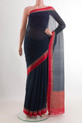 Dark Blue Mysore Chiffon Saree with Plain Body and Zari Border.  displayed on a mannequin