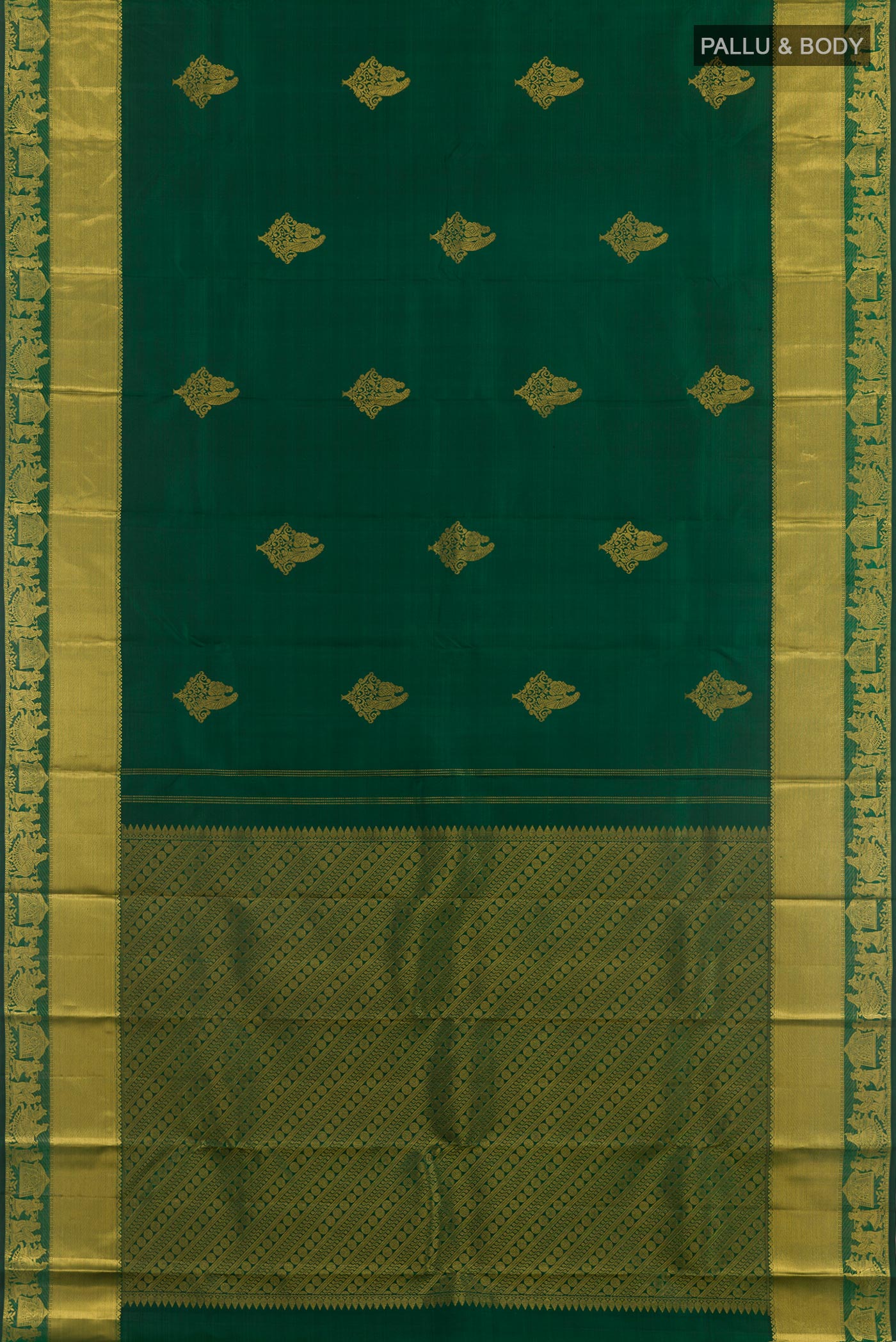 Flat view of Green Kanchipuram Silk Saree with Zari Butta on the body and Zari Border. 