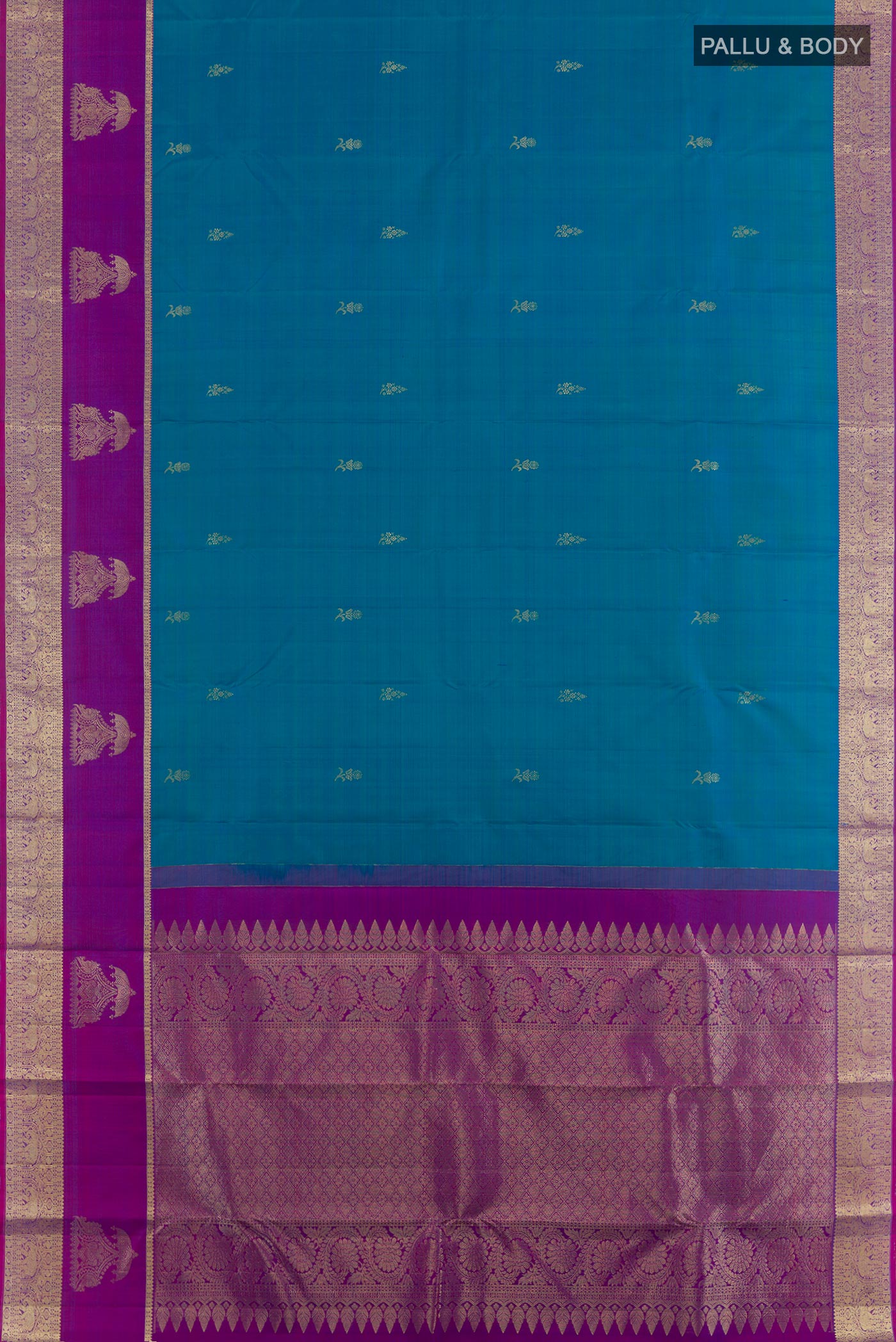 Flat view of Peacock Blue Tussar Silk Saree with Zari Butta on the body and Zari Border. 