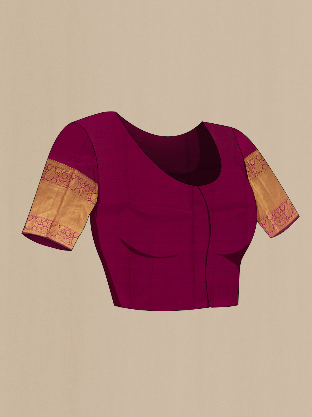 Close up image of the blouse of Peach Kanchipuram Silk Saree with Zari Butta on the body and Zari Border. 
