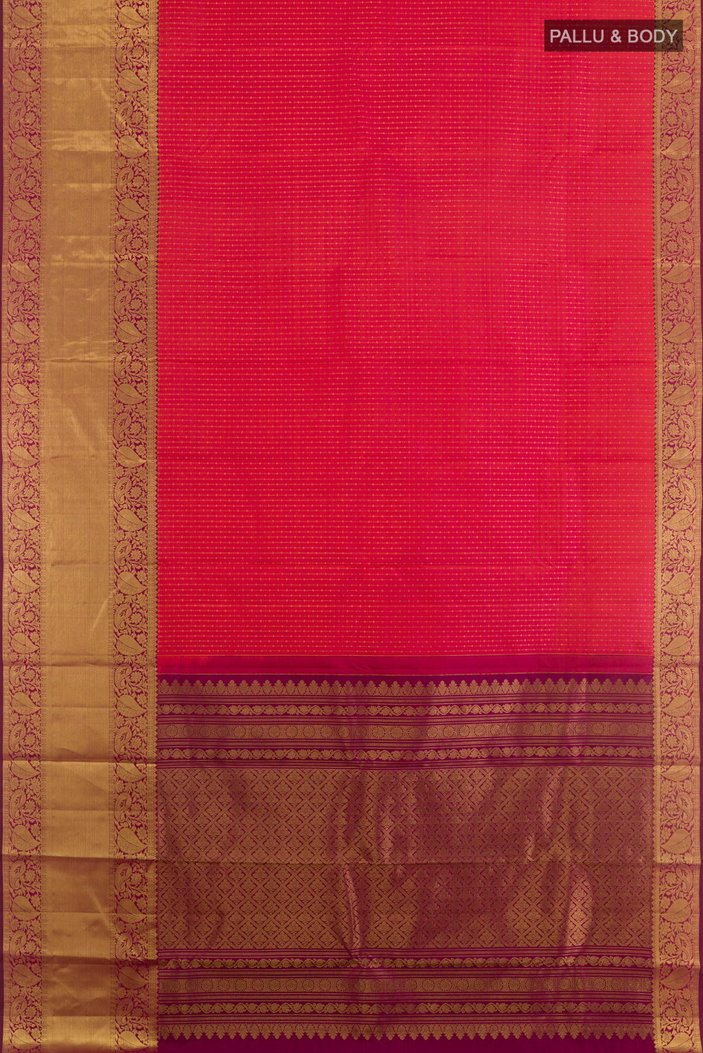 Flat view of Peach Kanchipuram Silk Saree with Zari Butta on the body and Zari Border. 