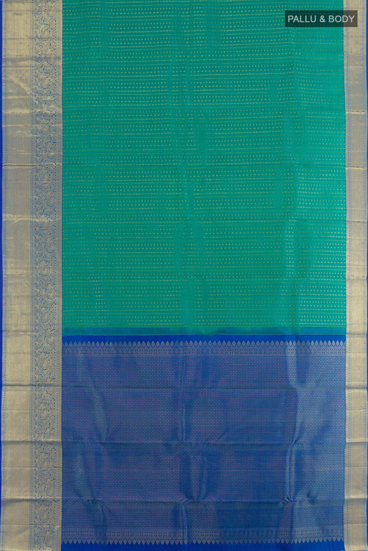 Flat view of Green Tussar Silk Saree with Zari Butta on the body and Zari Border. 