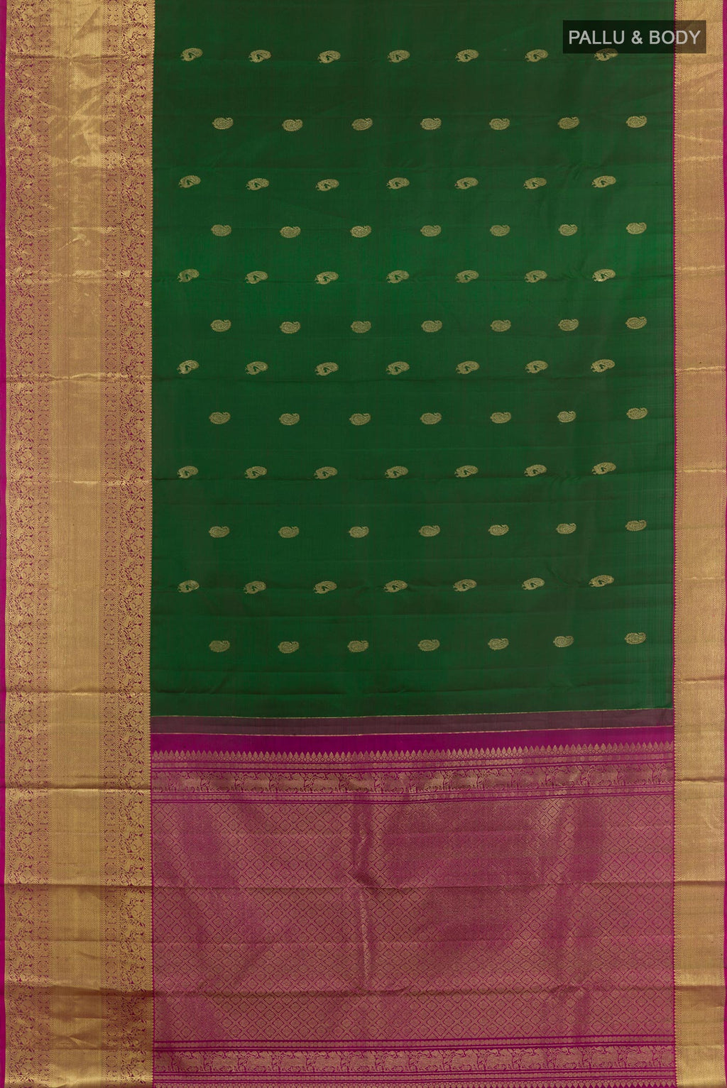 Flat view of Green Kanchipuram Silk Saree with Zari Butta on the body and Zari Border. 