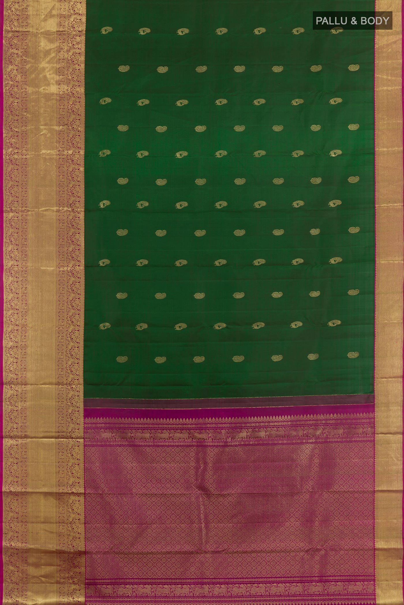 Flat view of Green Kanchipuram Silk Saree with Zari Butta on the body and Zari Border. 