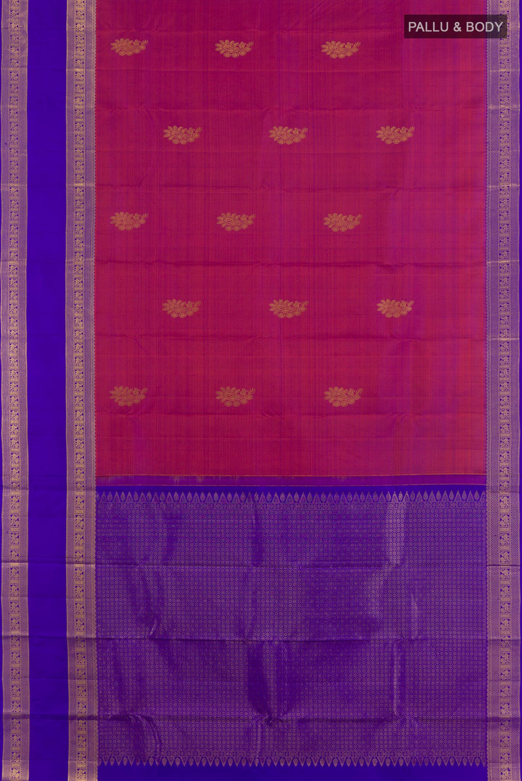Flat view of Light Magenta Kanchipuram Silk Saree with Zari Butta on the body and Zari Border. 