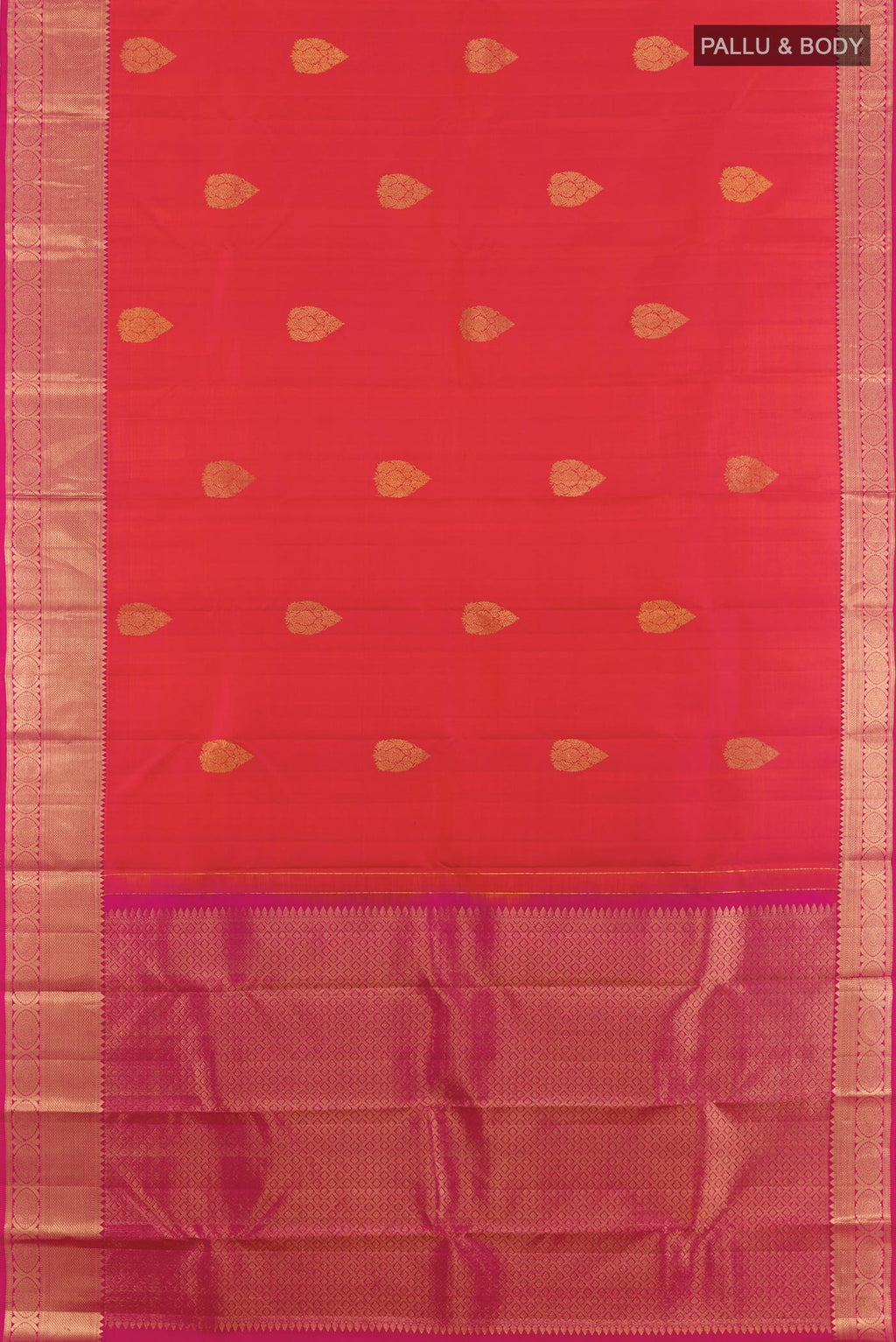 Flat view of Pink Kanchipuram Silk Saree with Zari Butta on the body and Zari Border. 