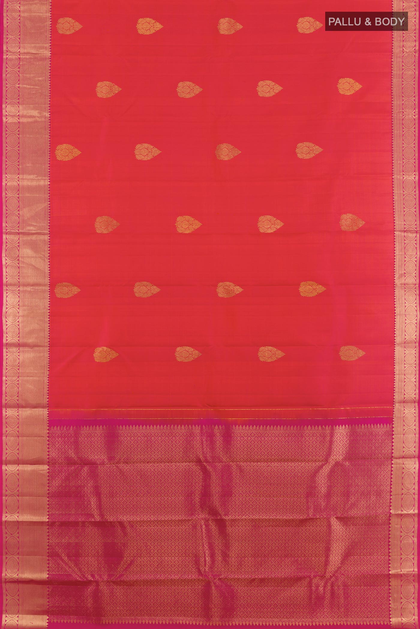 Flat view of Pink Kanchipuram Silk Saree with Zari Butta on the body and Zari Border. 