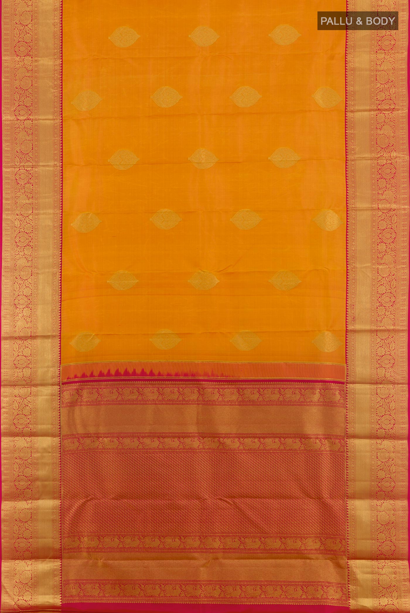 Flat view of Yellow Kanchipuram Silk Saree with Zari Butta on the body and Zari Border. 