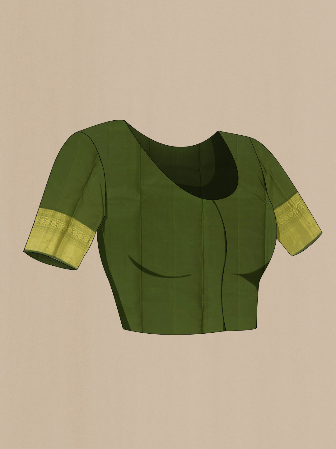 Close up image of the blouse of Light Green Tussar Silk Saree with Zari Butta on the body and Zari Border. 