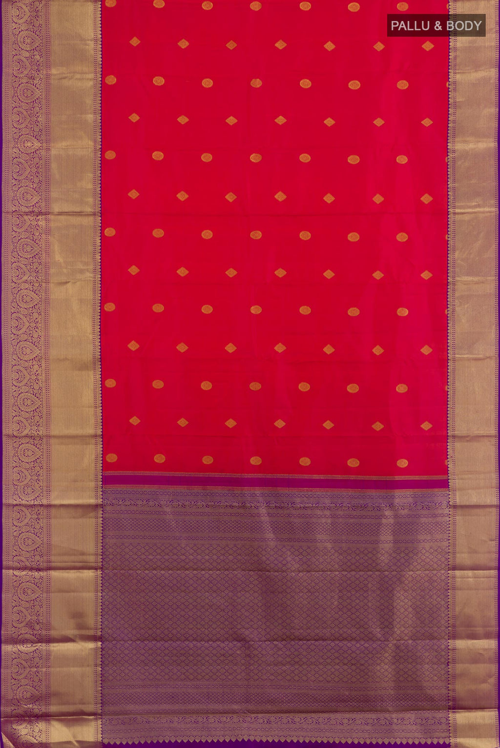 Flat view of Pink Dual Tone Kanchipuram Silk Saree with Zari Butta on the body and Zari Border. 