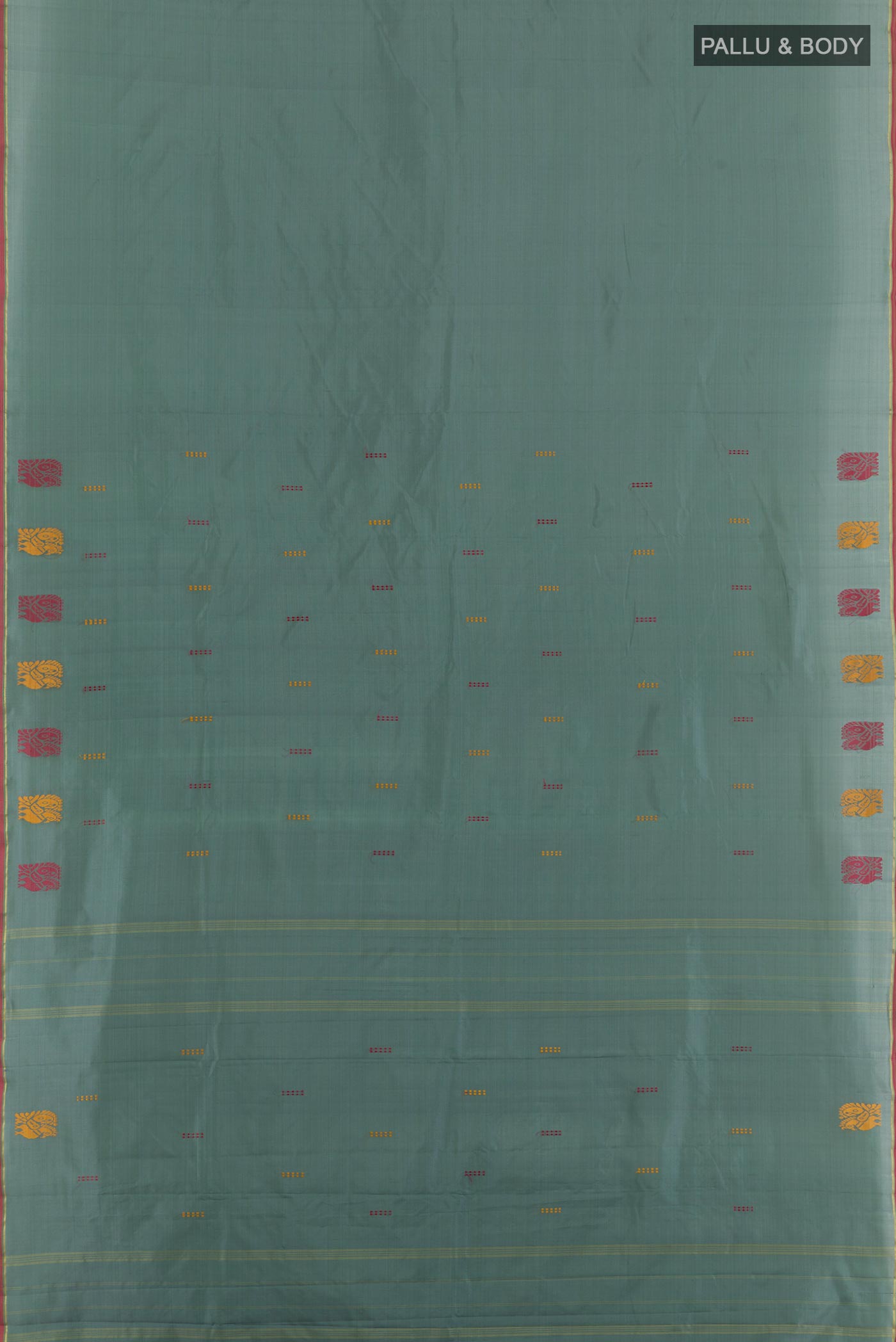 Flat view of Grey Kanchipuram Silk Saree with Thread Butta on the body and Thread Border. 