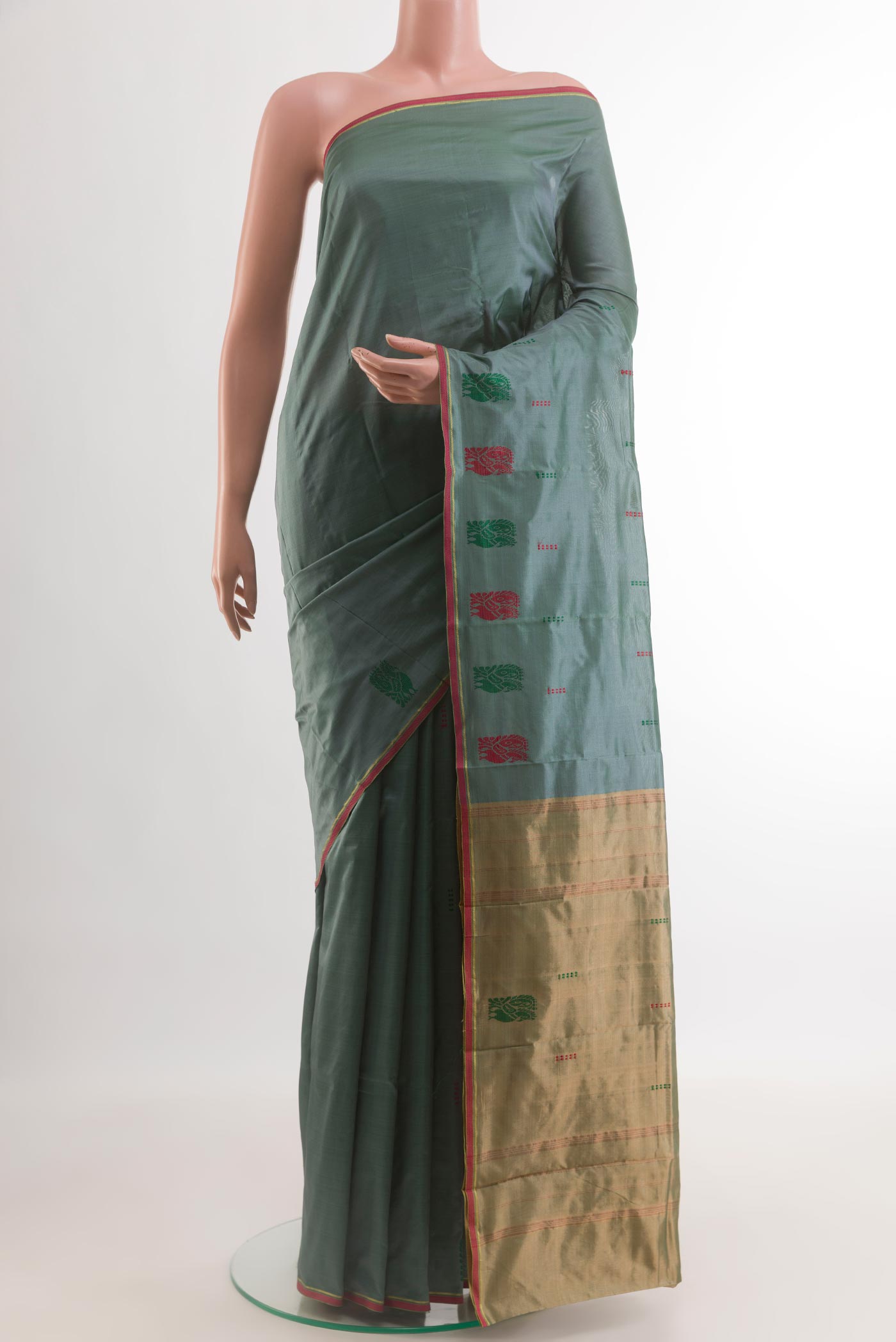 Blue Grey Kanchipuram Silk Saree with Thread Butta on the body and Thread Border.  displayed on a mannequin