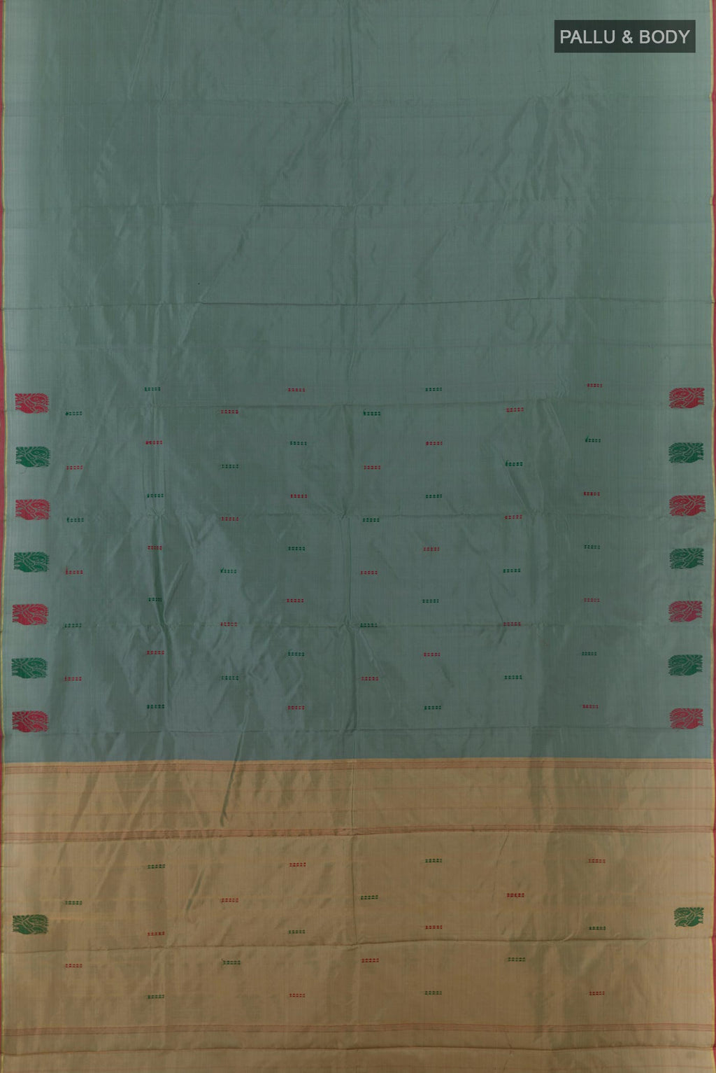 Flat view of Blue Grey Kanchipuram Silk Saree with Thread Butta on the body and Thread Border. 