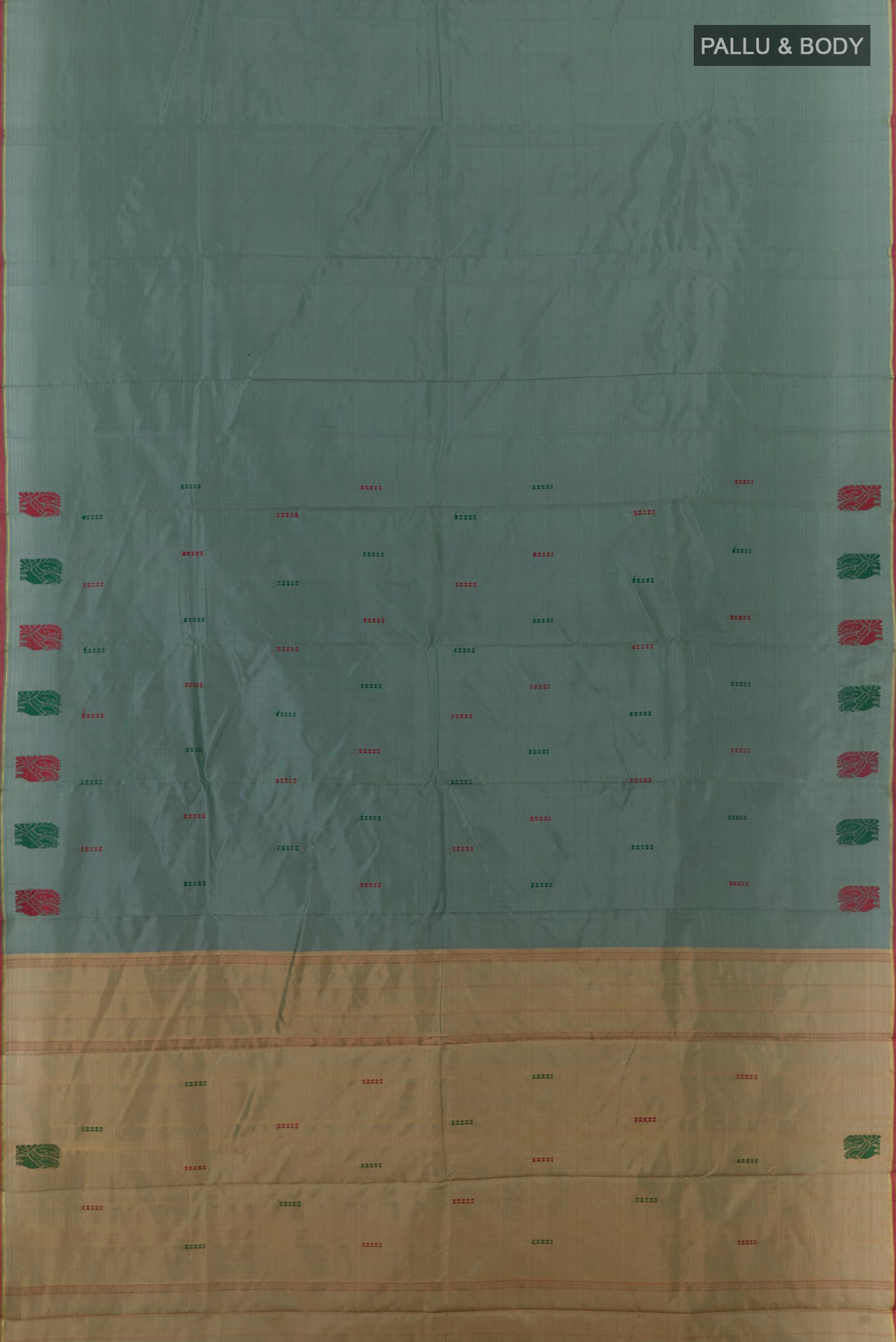 Flat view of Blue Grey Kanchipuram Silk Saree with Thread Butta on the body and Thread Border. 