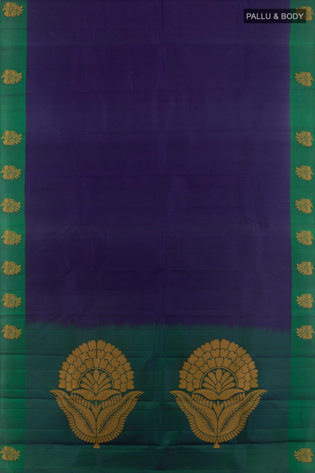 Flat view of Blue Kanjivaram Silk Saree with Plain Body and Thread Border. 