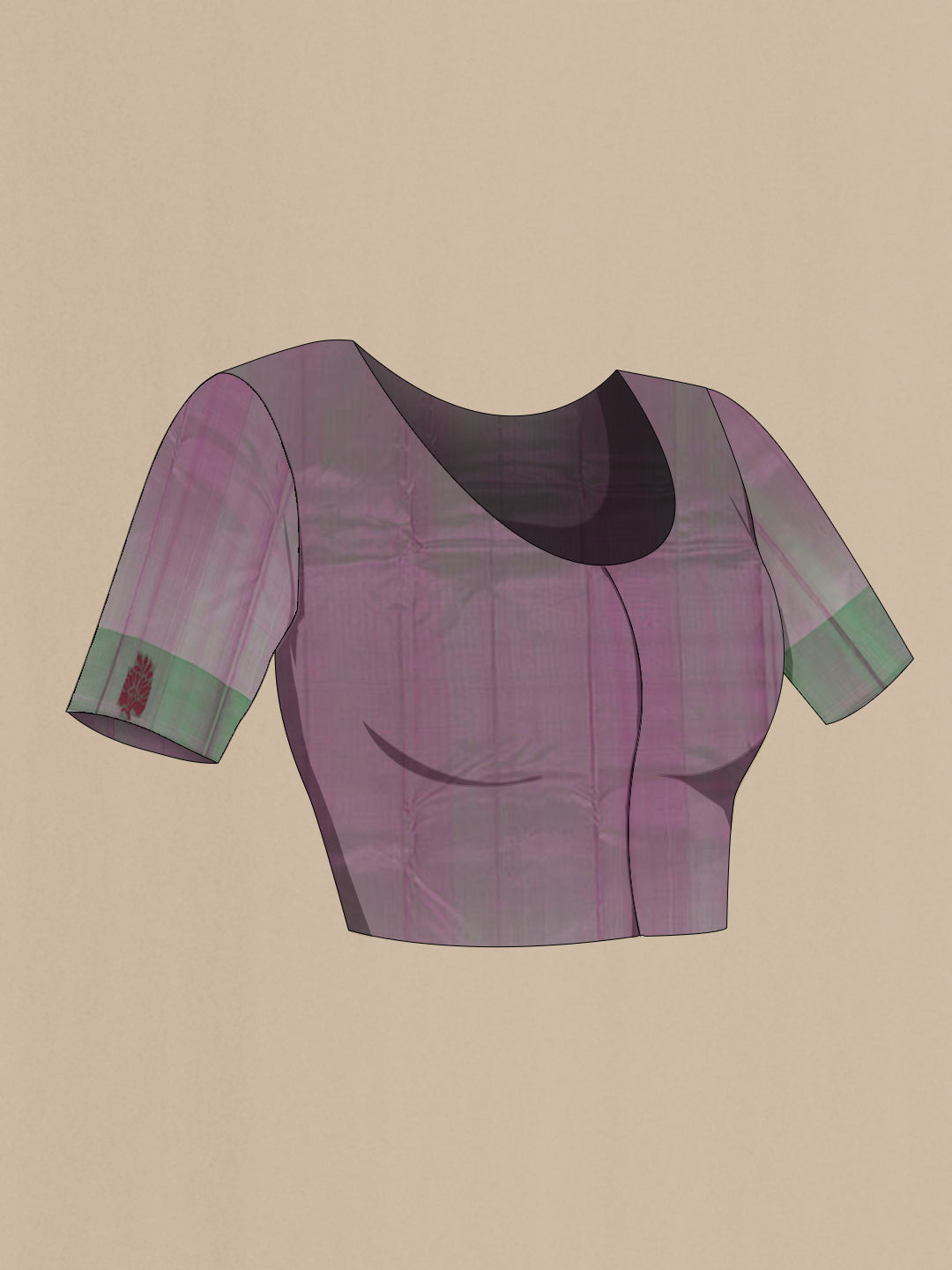 Close up image of the blouse of Lavender Kanjivaram Silk Saree with Plain Body and Thread Border. 