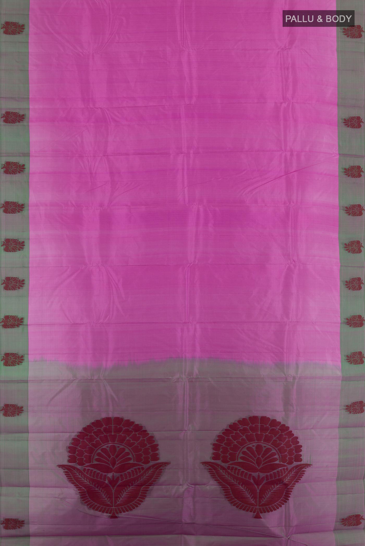Flat view of Lavender Kanjivaram Silk Saree with Plain Body and Thread Border. 