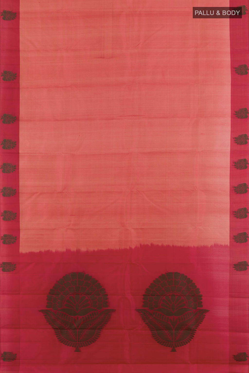 Flat view of Peach Kanjivaram Silk Saree with Zari Butta on the body and Thread Border. 