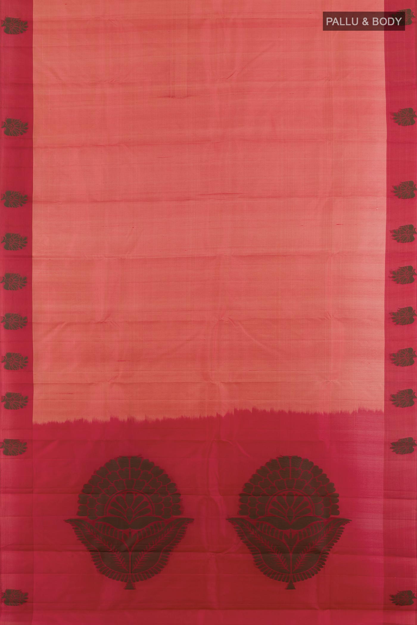 Flat view of Peach Kanjivaram Silk Saree with Zari Butta on the body and Thread Border. 
