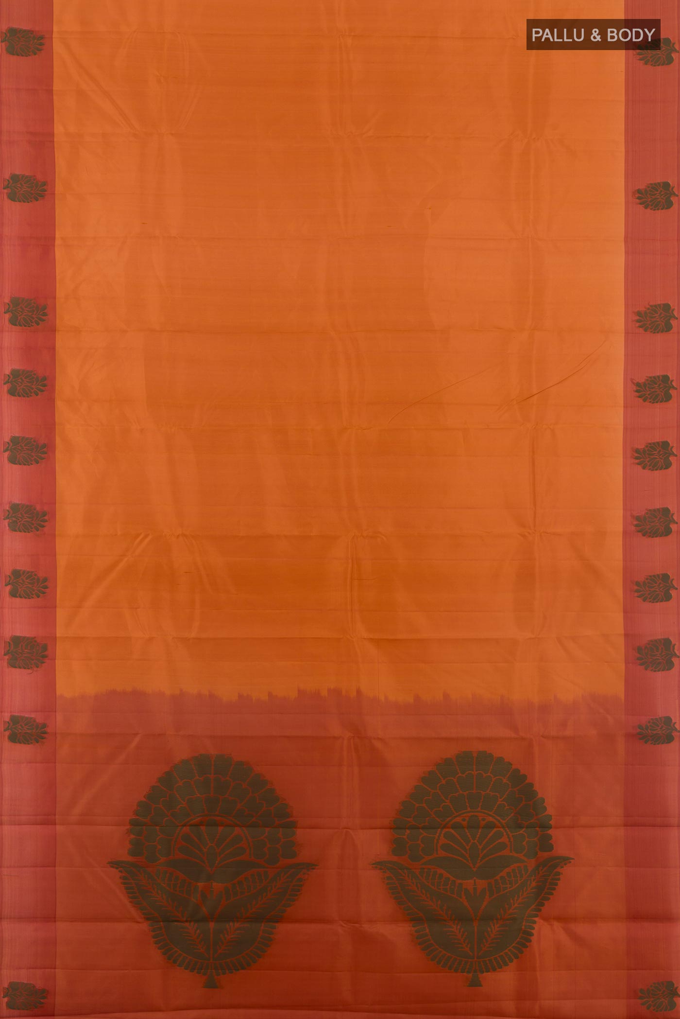 Flat view of Brick Orange Kanjivaram Silk Saree with Zari Butta on the body and Thread Border. 