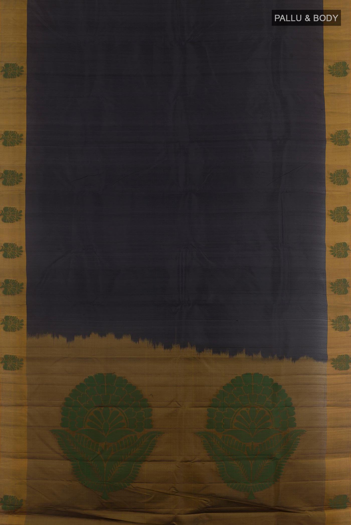 Flat view of Dark Blue Kanjivaram Silk Saree with Plain Body and Zari Border. 