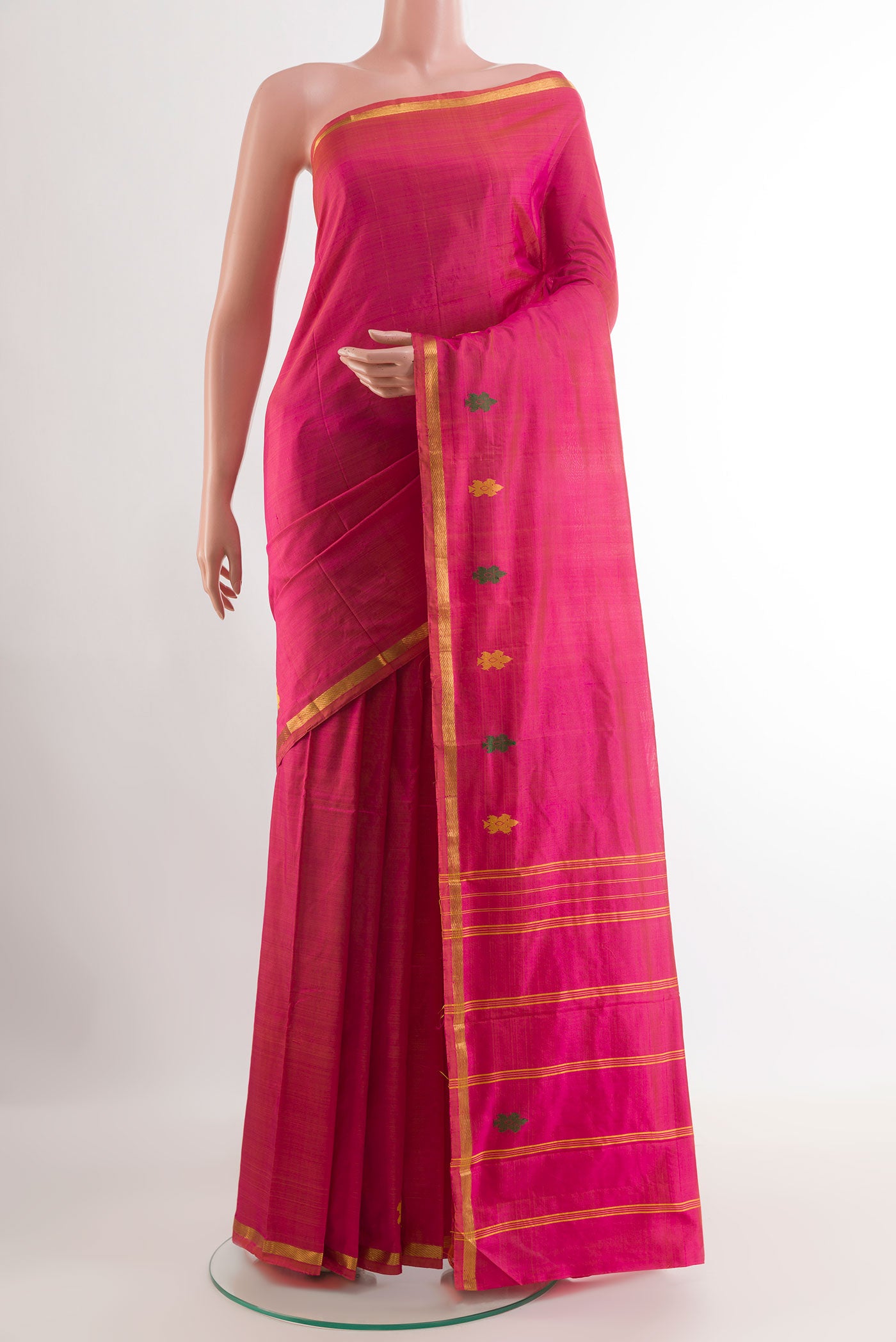 Pink Kanchipuram Silk Saree with Plain Body and Zari Border.  displayed on a mannequin