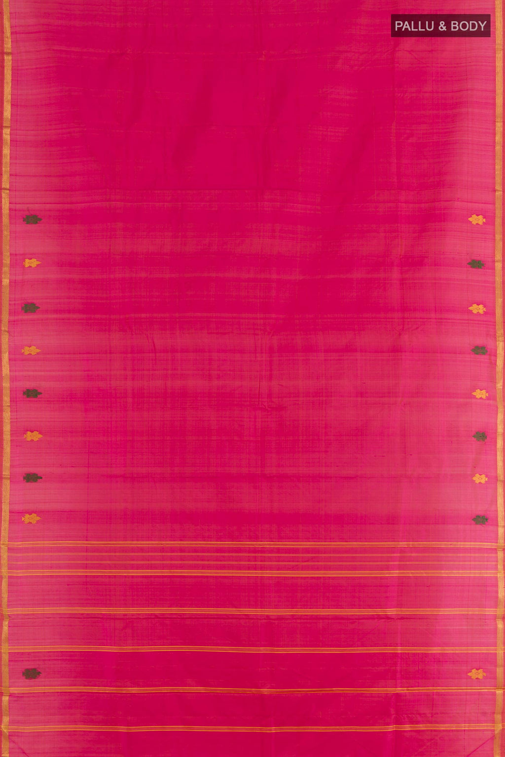 Flat view of Pink Kanchipuram Silk Saree with Plain Body and Zari Border. 
