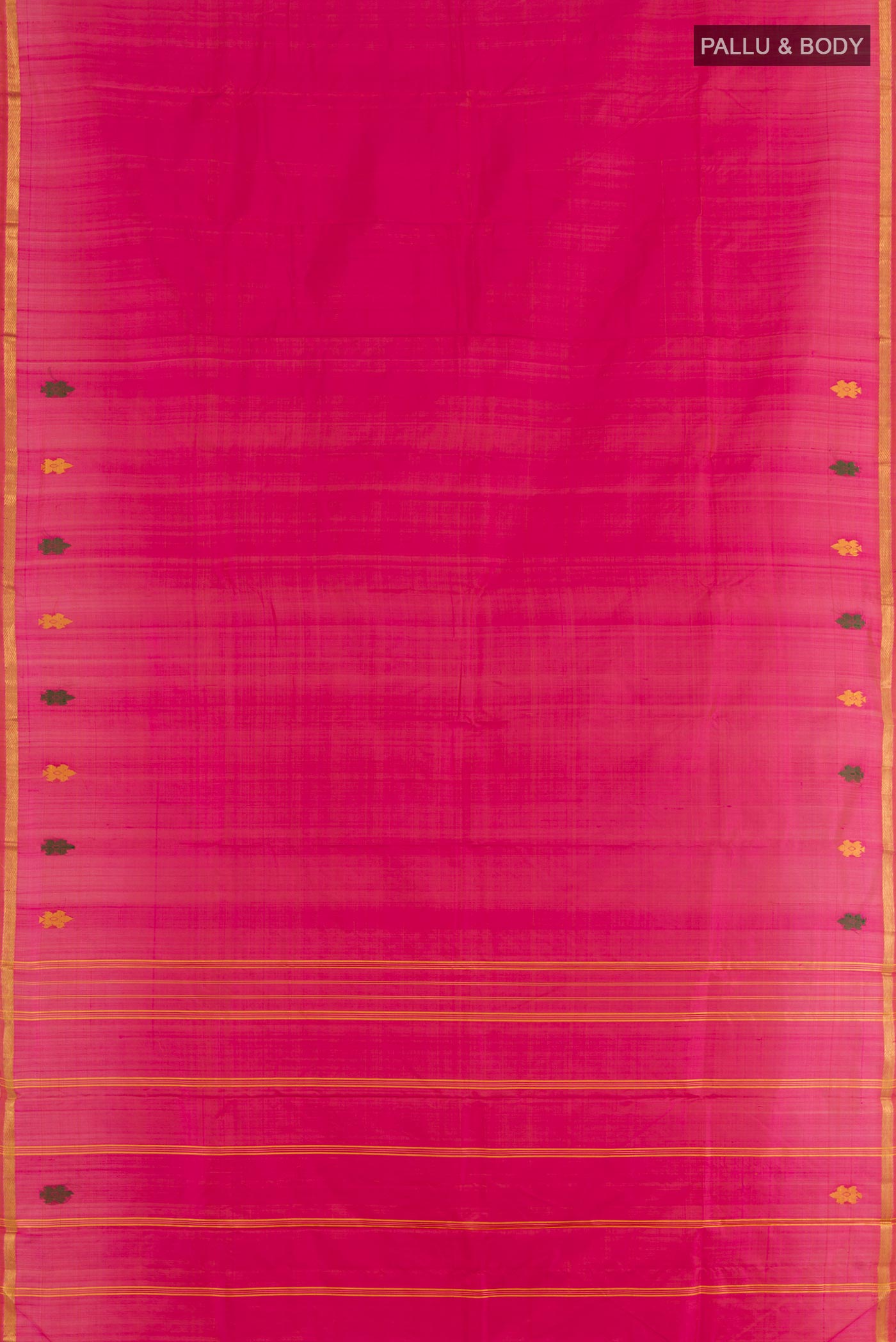 Flat view of Pink Kanchipuram Silk Saree with Plain Body and Zari Border. 