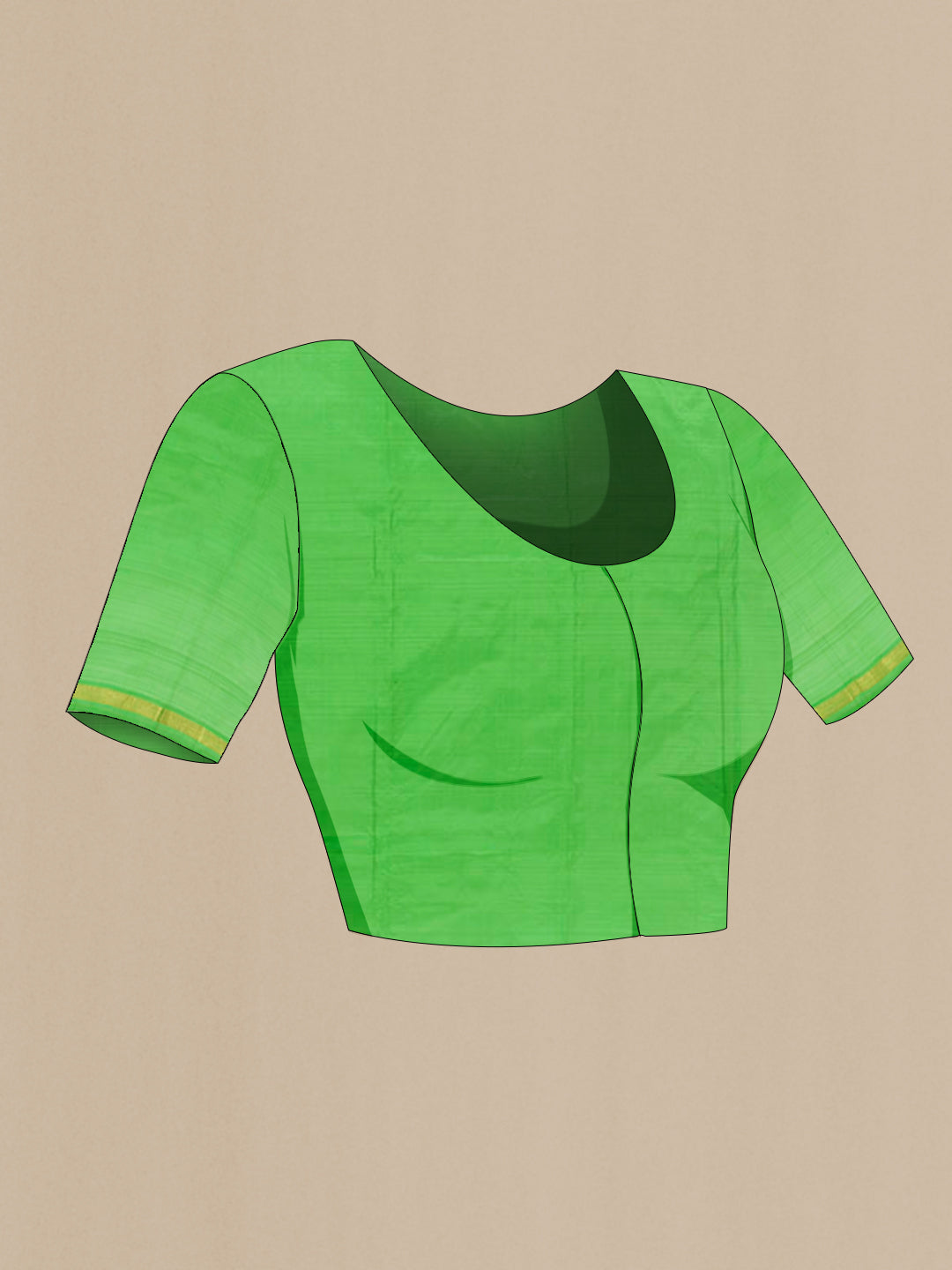 Close up image of the blouse of Green Kanchipuram Silk Saree with Plain Body and Zari Border. 