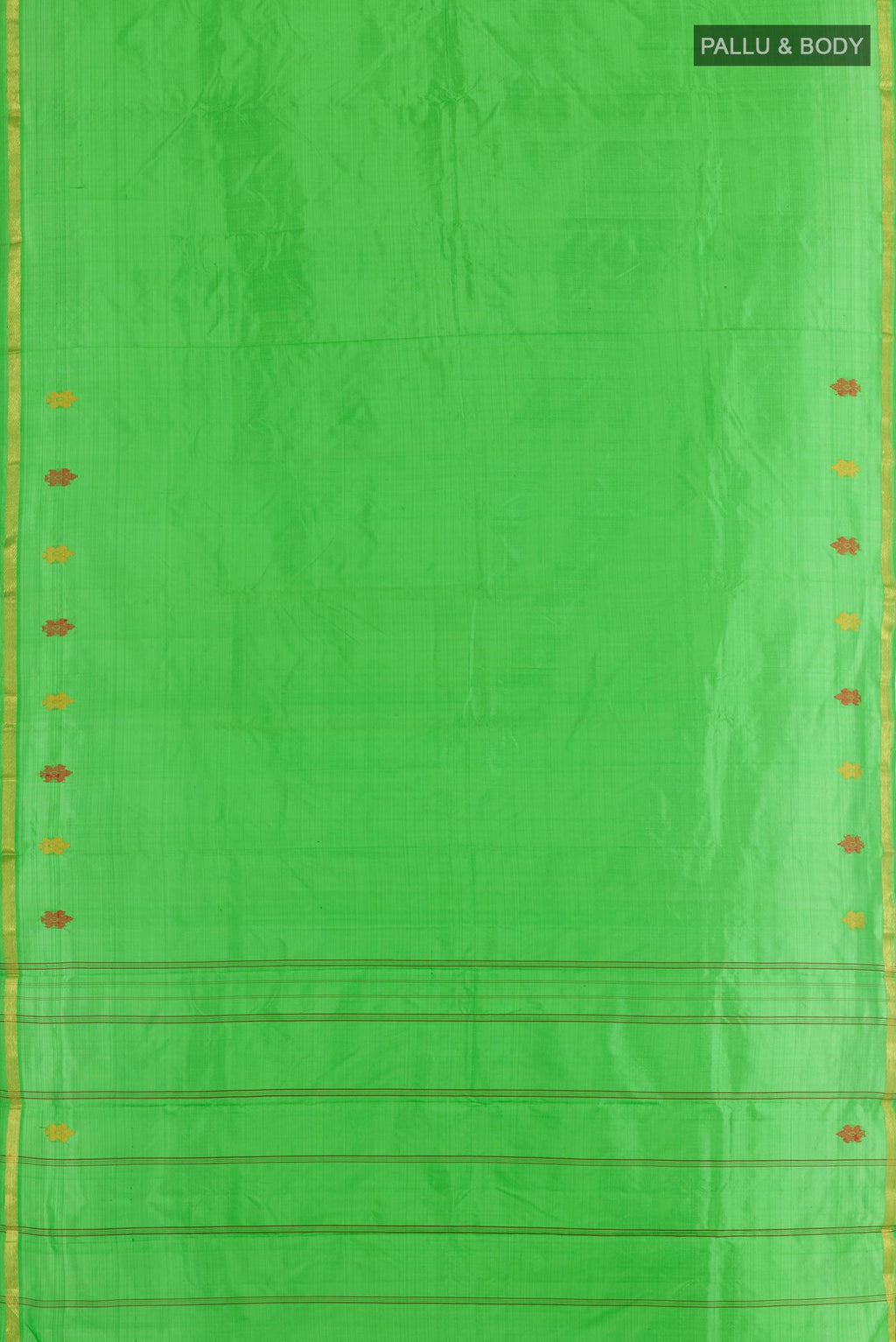 Flat view of Green Kanchipuram Silk Saree with Plain Body and Zari Border. 