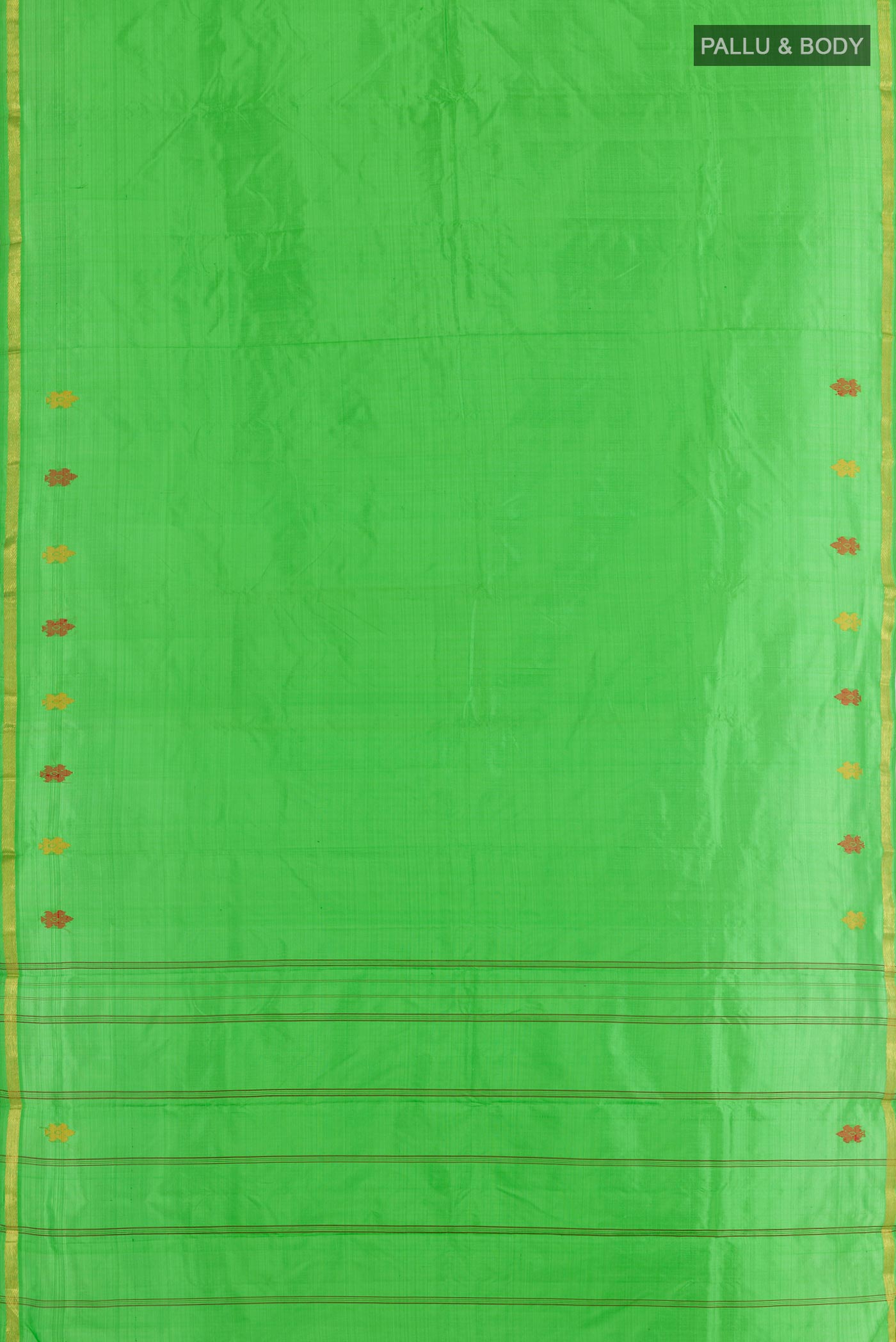 Flat view of Green Kanchipuram Silk Saree with Plain Body and Zari Border. 