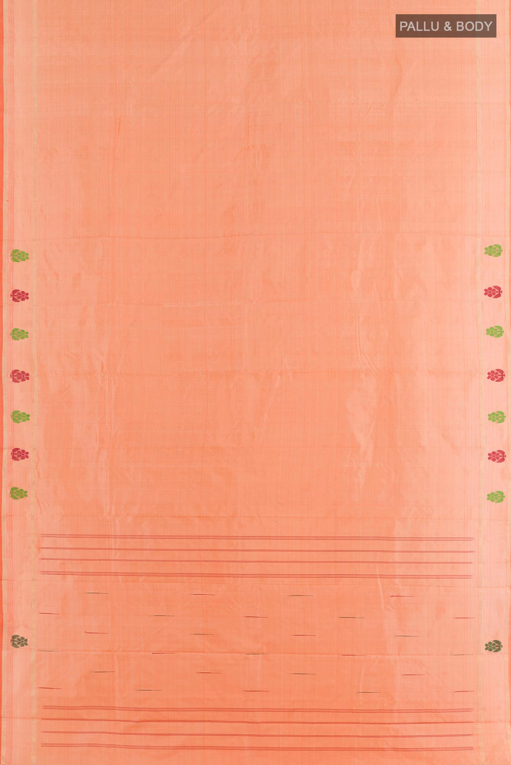 Flat view of Peach Kanchipuram Silk Saree with Plain Body and Zari Border. 