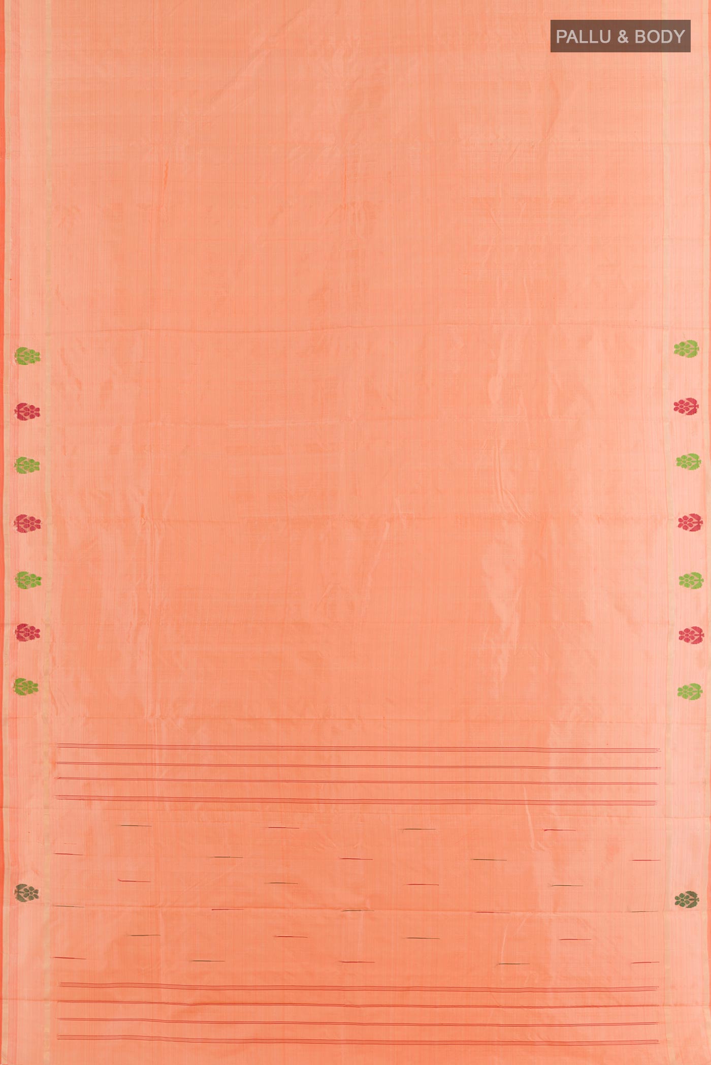 Flat view of Peach Kanchipuram Silk Saree with Plain Body and Zari Border. 