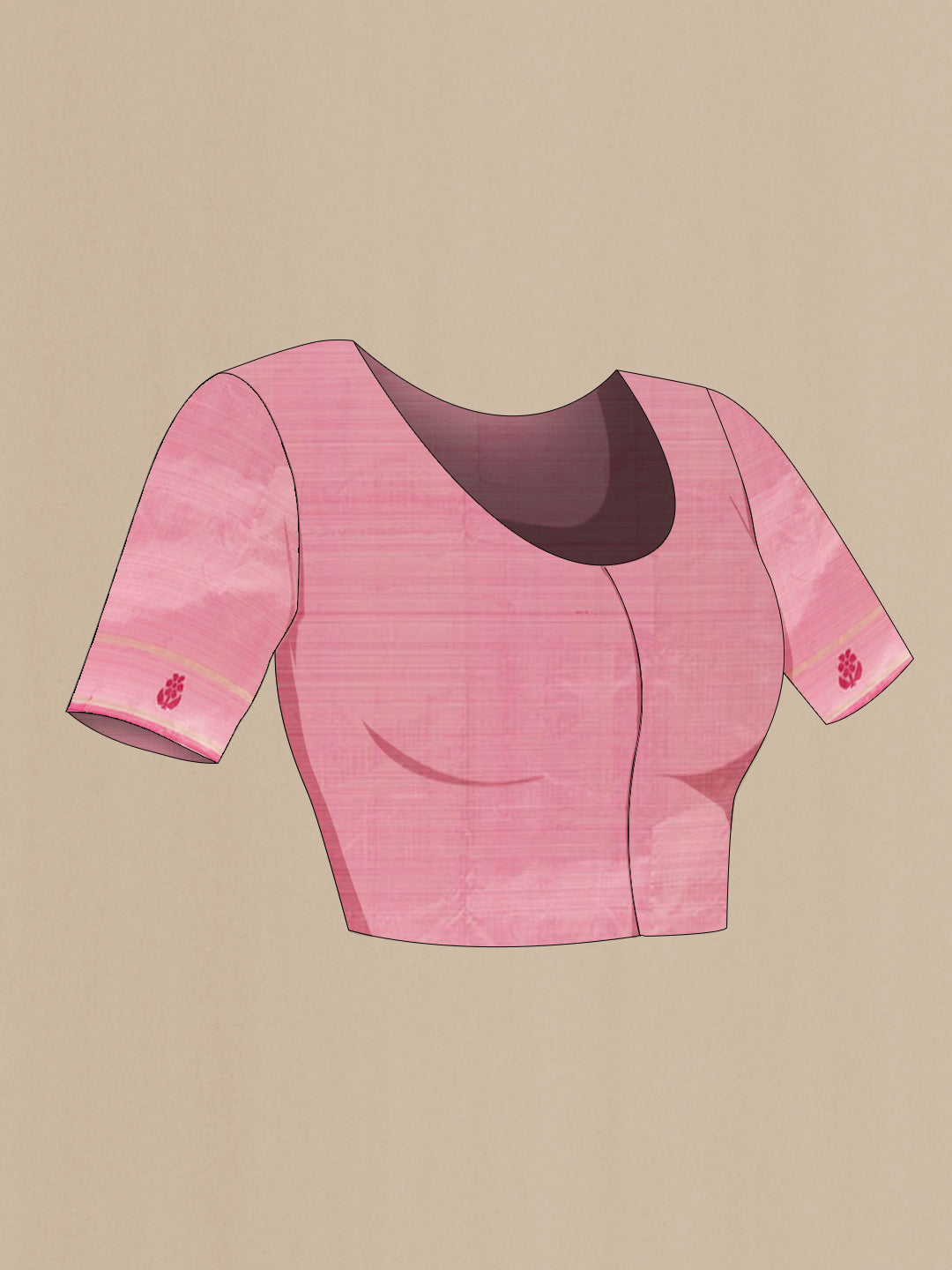Close up image of the blouse of Pink Kanchipuram Silk Saree with Thread Butta on the body and Thread Border. 