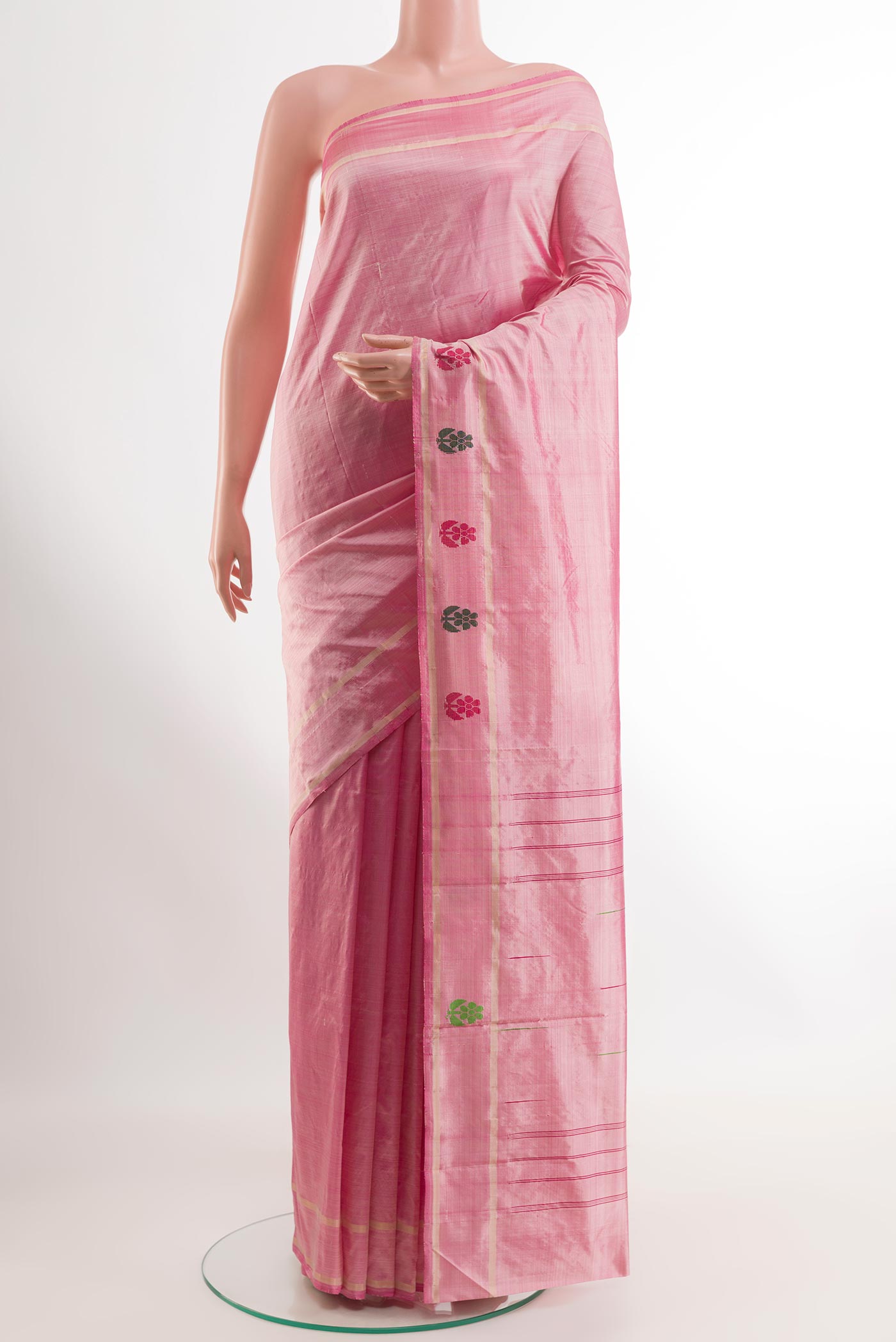 Pink Kanchipuram Silk Saree with Thread Butta on the body and Thread Border.  displayed on a mannequin