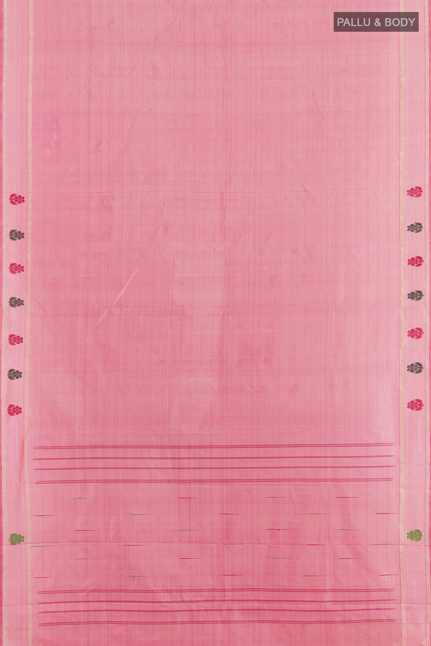 Flat view of Pink Kanchipuram Silk Saree with Thread Butta on the body and Thread Border. 