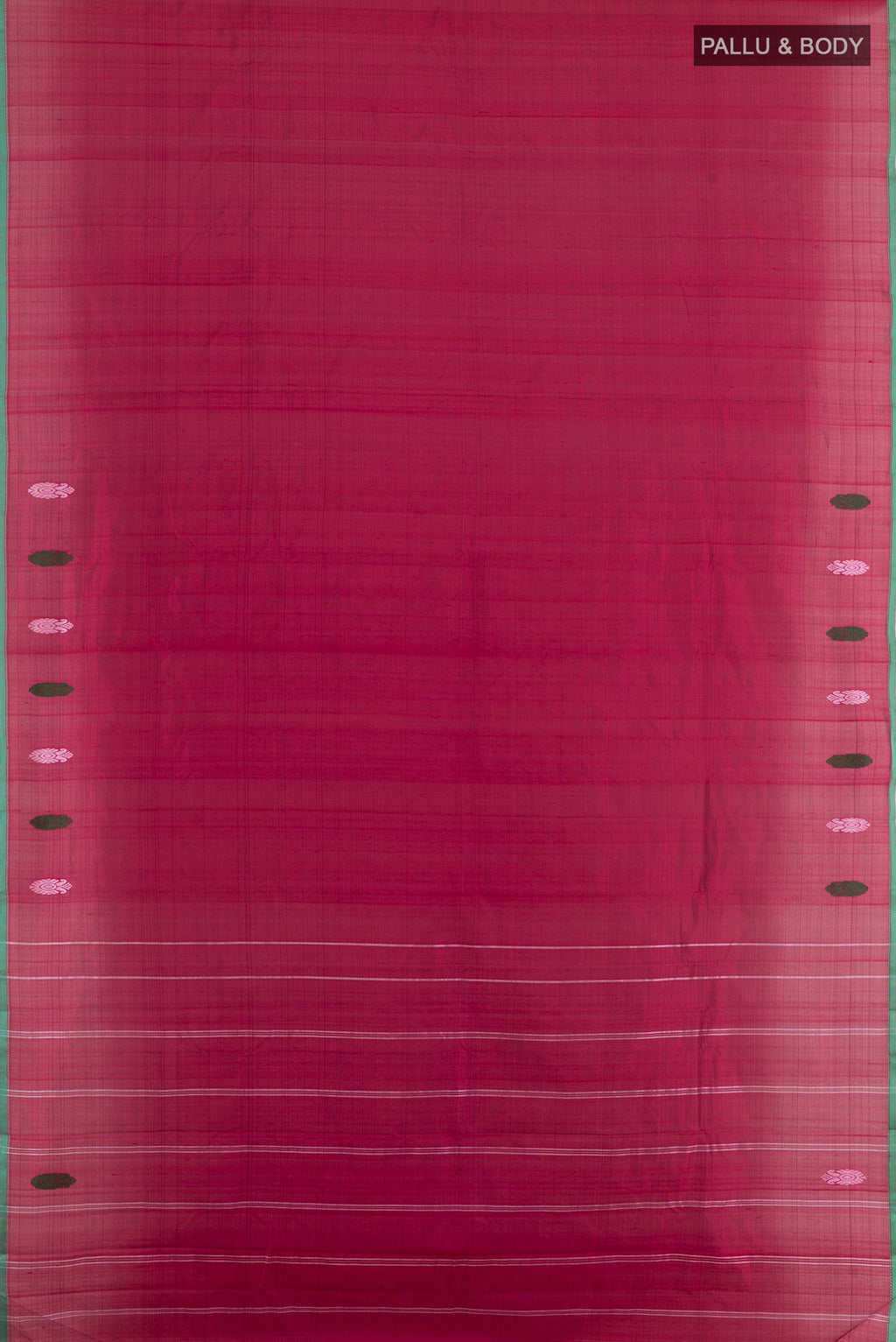 Flat view of Maroon Kanchipuram Silk Saree with Plain Body and Thread Border. 