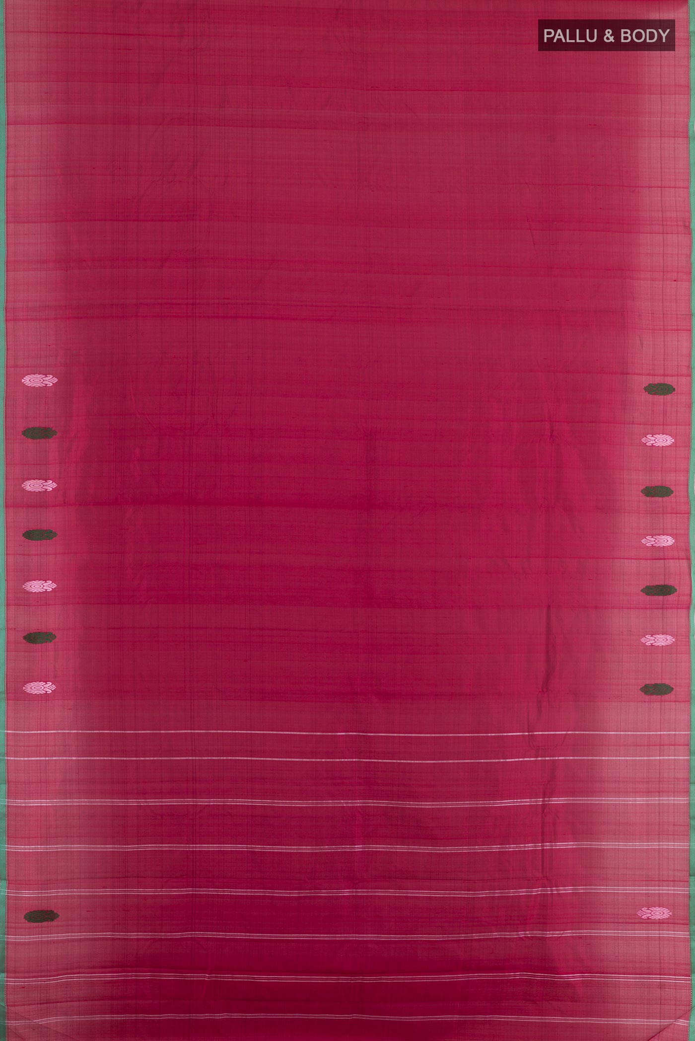 Flat view of Maroon Kanchipuram Silk Saree with Plain Body and Thread Border. 