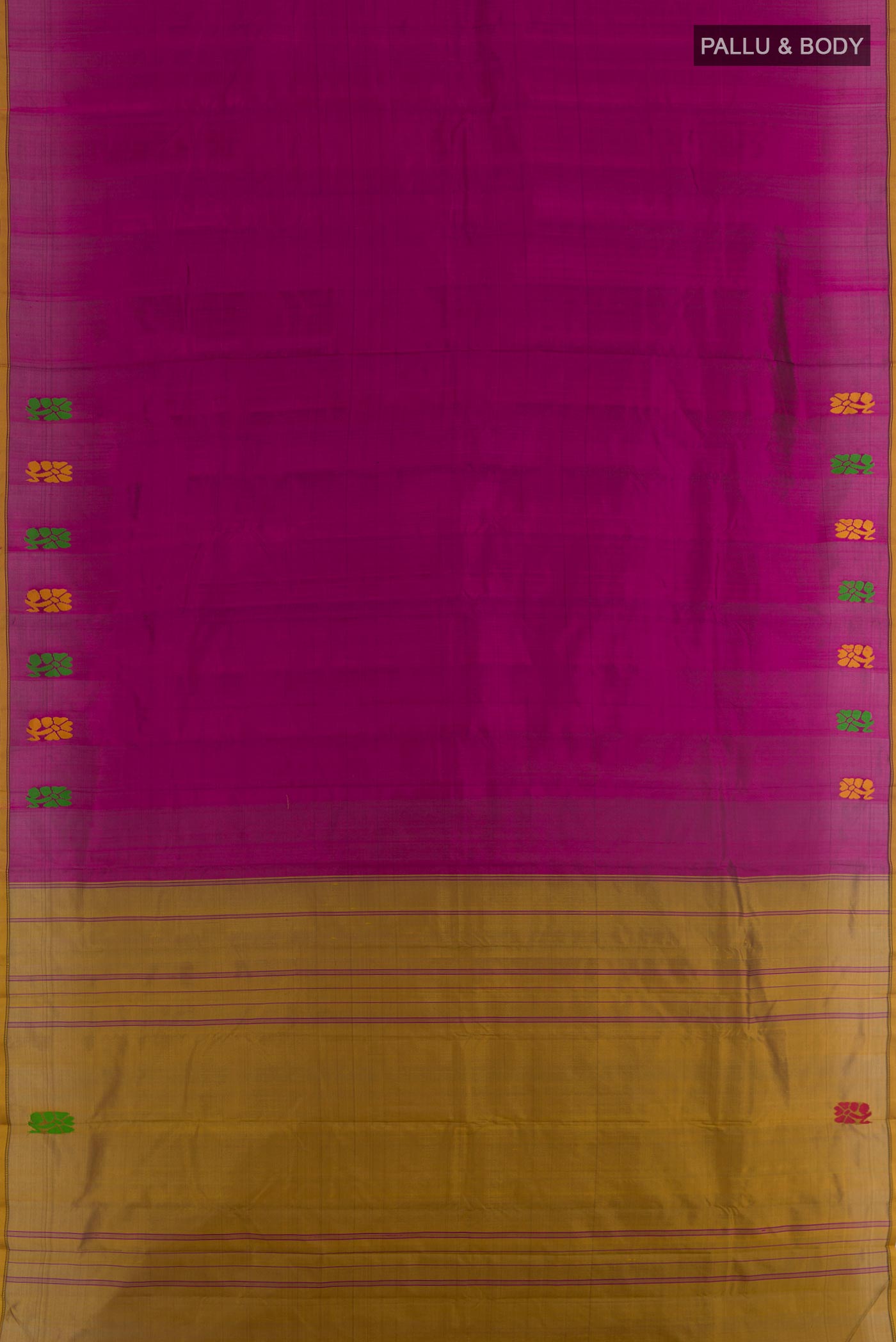 Flat view of Purple Kanchipuram Silk Saree with Plain Body and Zari Border. 