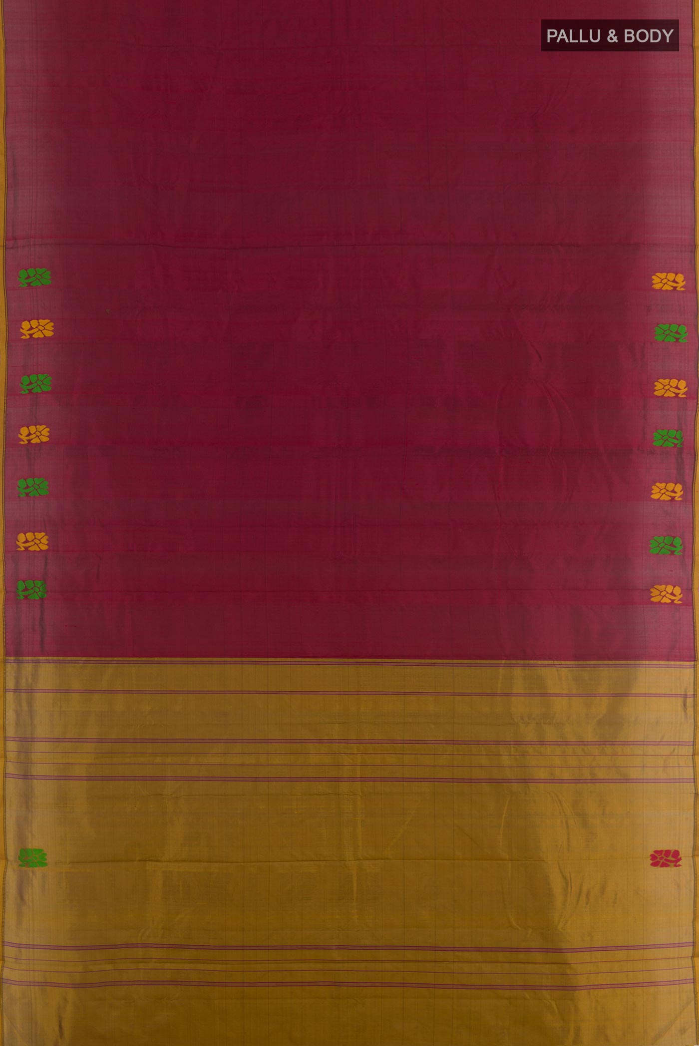Flat view of Maroon Kanchipuram Silk Saree with Plain Body and Zari Border. 