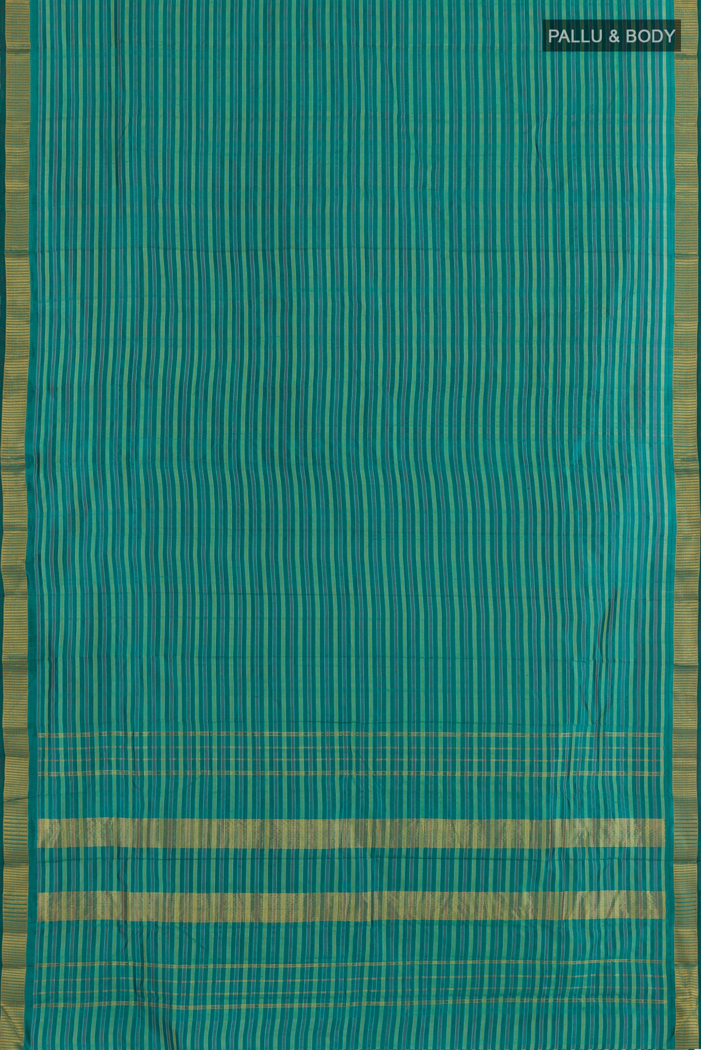 Flat view of Green Kanchipuram Silk Saree with Stripes on the body and Zari Border. 
