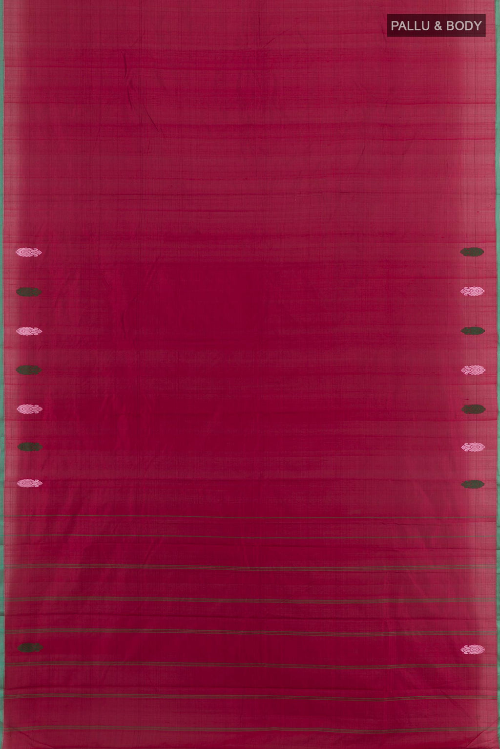 Flat view of Maroon Kanchipuram Silk Saree with Plain Body and Thread Border. 