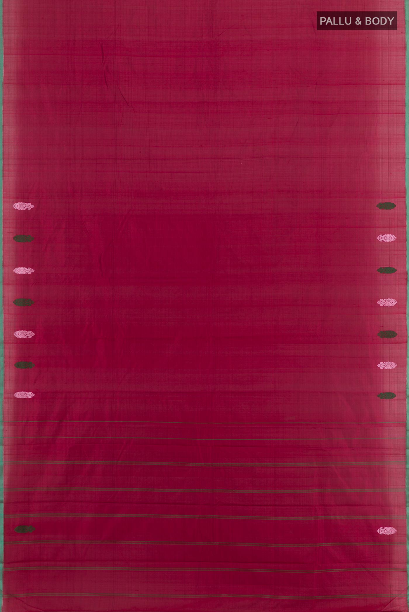 Flat view of Maroon Kanchipuram Silk Saree with Plain Body and Thread Border. 