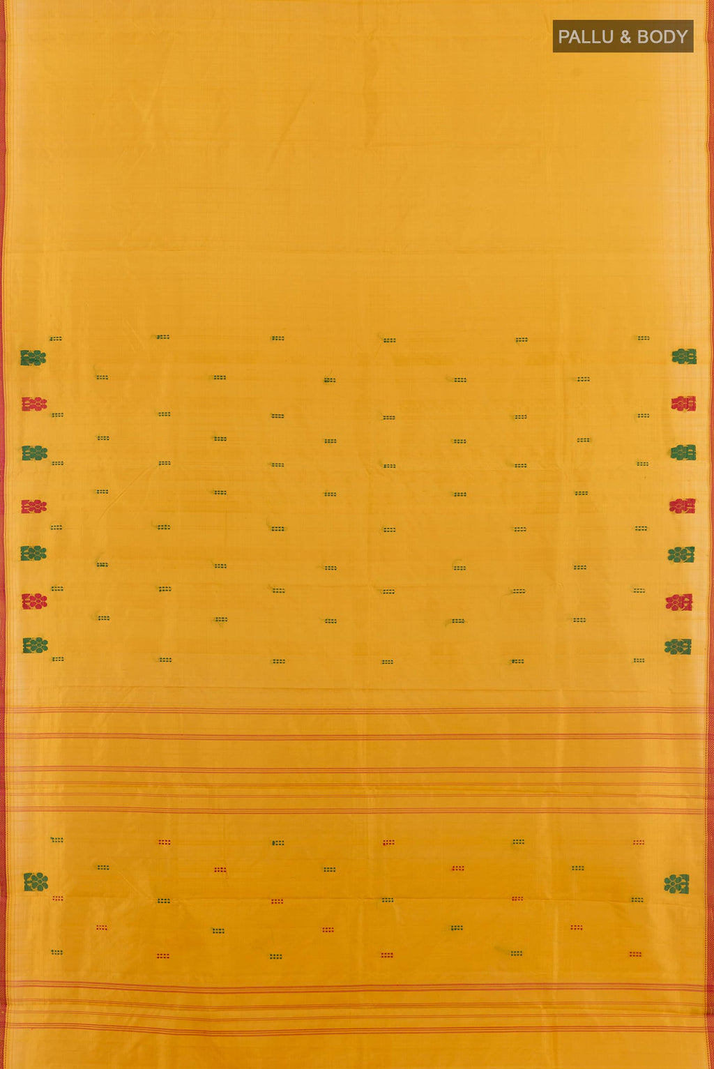 Flat view of Yellow Kanchipuram Silk Saree with Thread Butta on the body and Thread Border. 