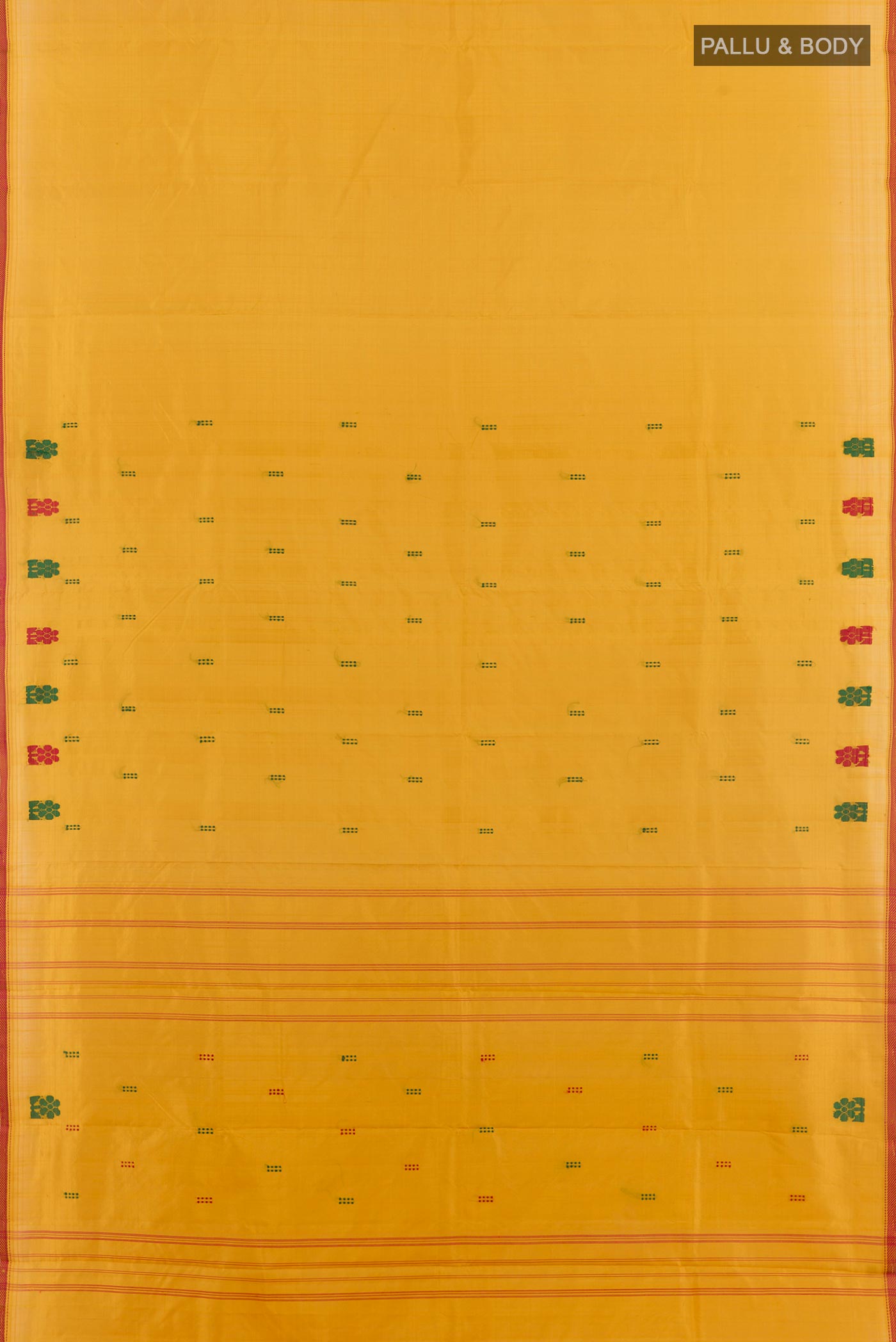 Flat view of Yellow Kanchipuram Silk Saree with Thread Butta on the body and Thread Border. 