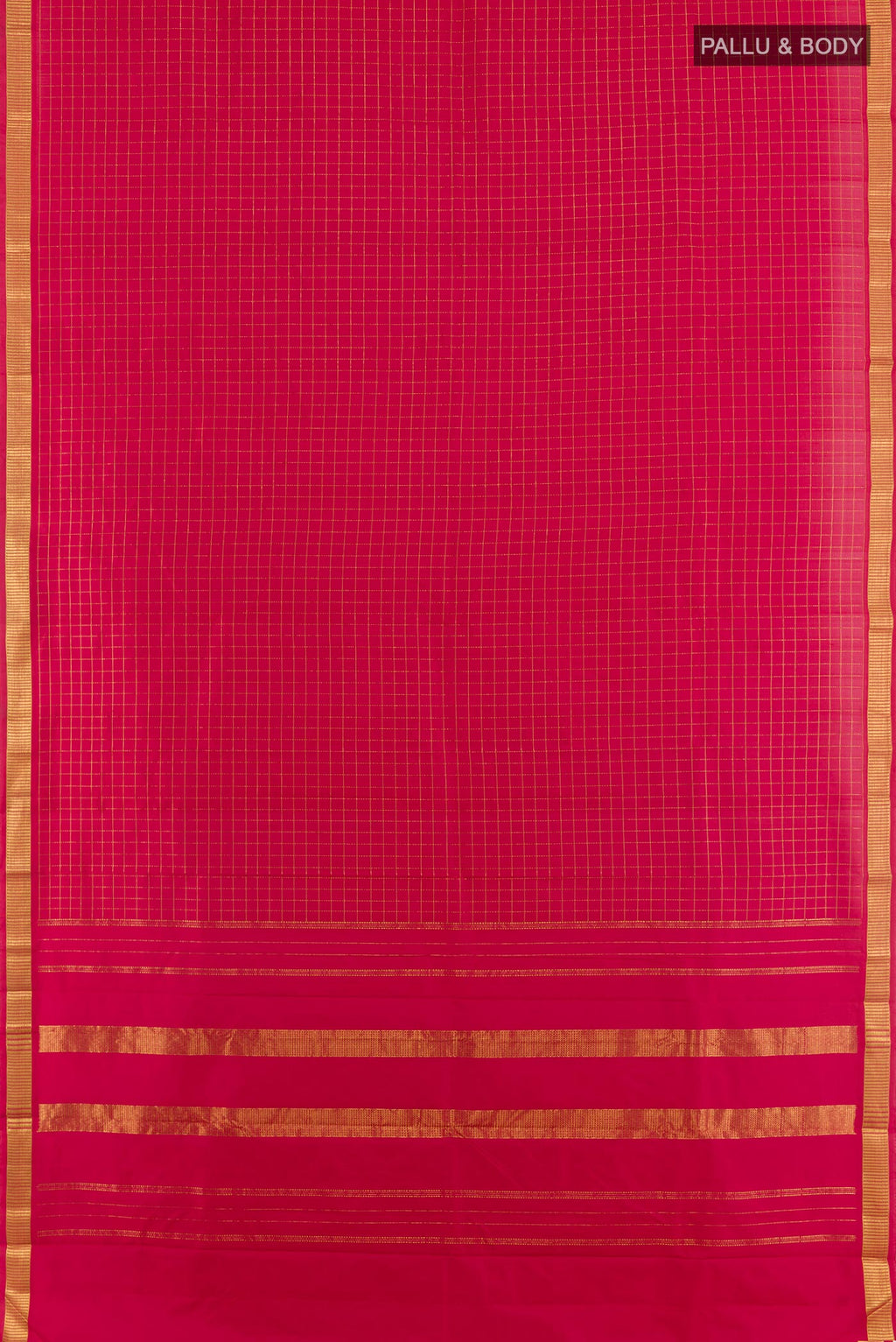 Flat view of Red Kanchipuram Silk Saree with Checked design on the body and Zari Border. 