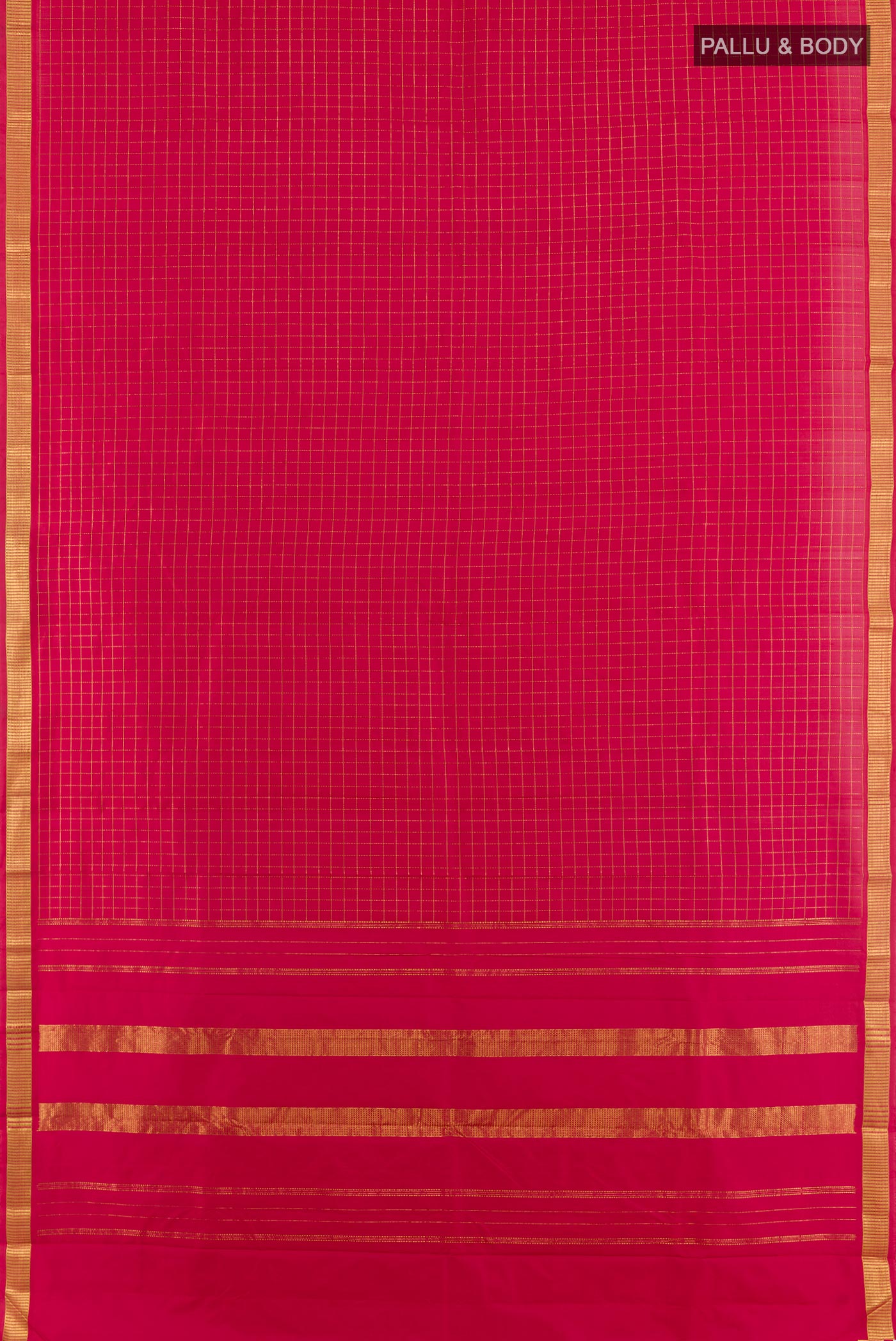 Flat view of Red Kanchipuram Silk Saree with Checked design on the body and Zari Border. 