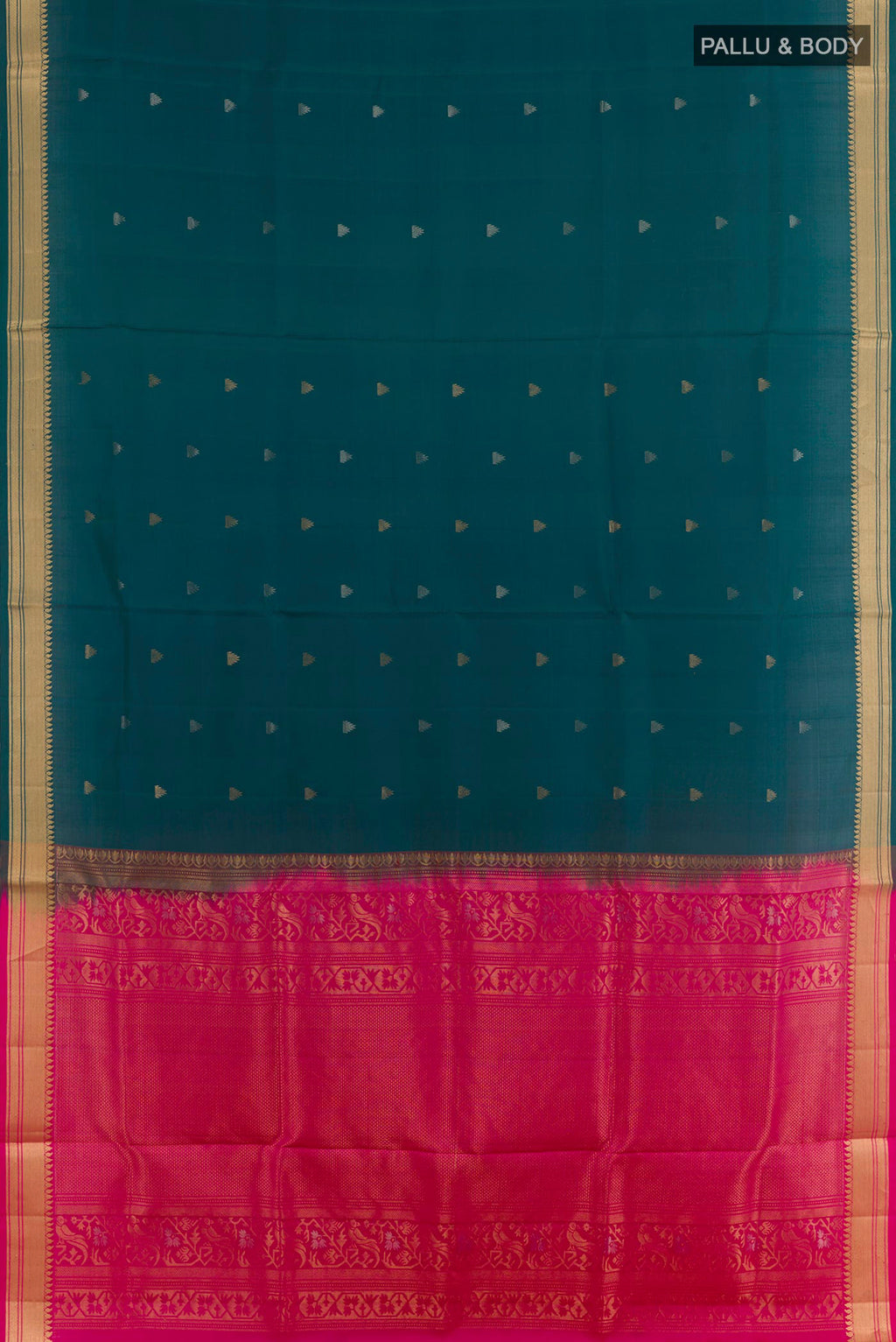 Flat view of Teal Soft Silk Saree with Zari Butta on the body and Zari Border. 