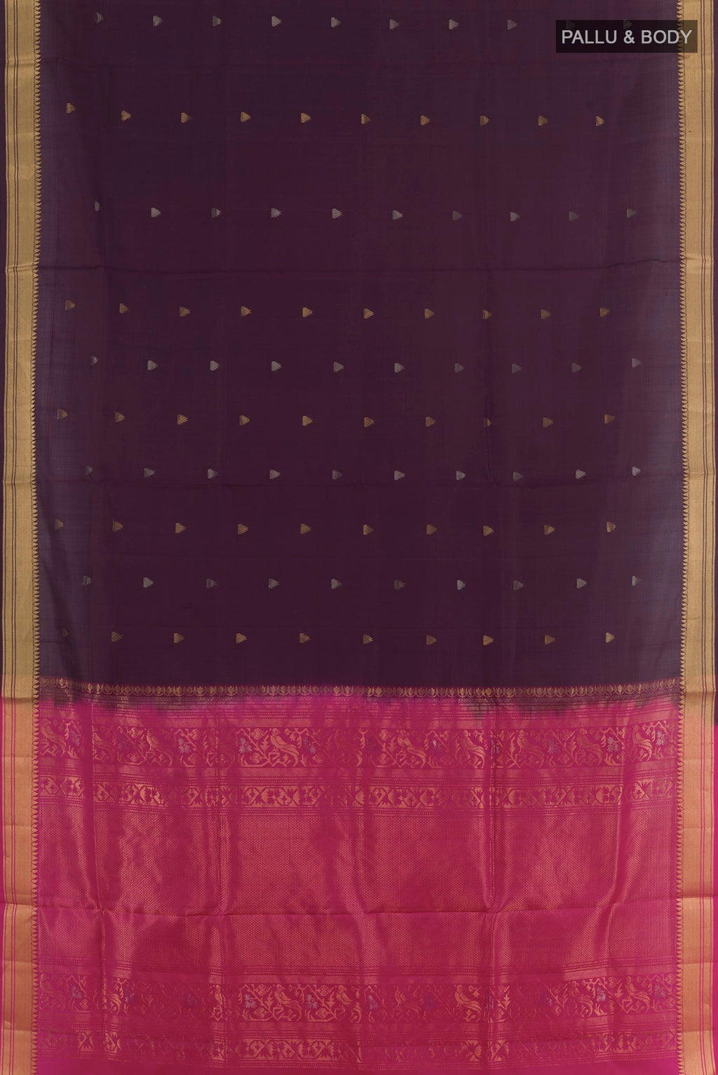 Flat view of Purple Soft Silk Saree with Zari Butta on the body and Zari Border. 